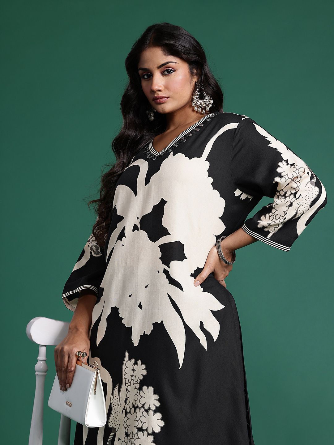 Indo Era Plus Size Floral Printed Beads & Stones Kurta with Salwar