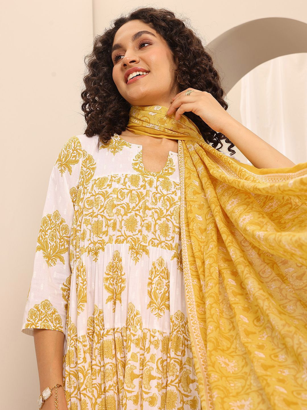 Libas Womens Yellow Printed Cotton Anarkali Kurta With Trousers & Dupatta