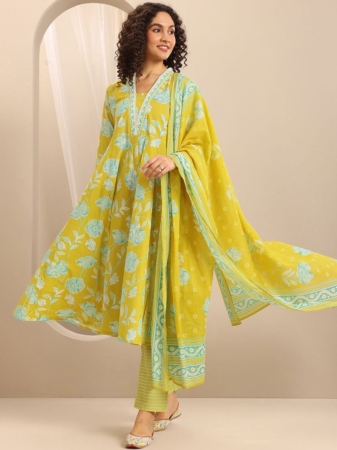 Libas Womens Mustard Printed Cotton Anarkali Kurta With Trousers & Dupatta