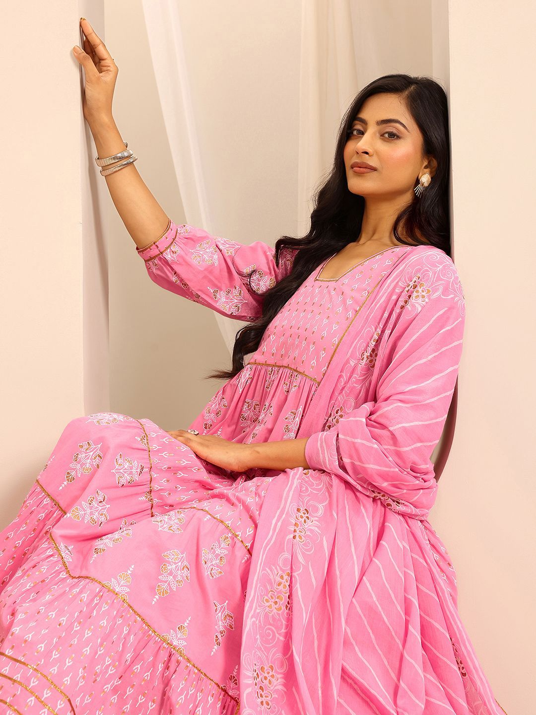 Libas Womens Pink Printed Cotton Anarkali Kurta With Trousers & Dupatta
