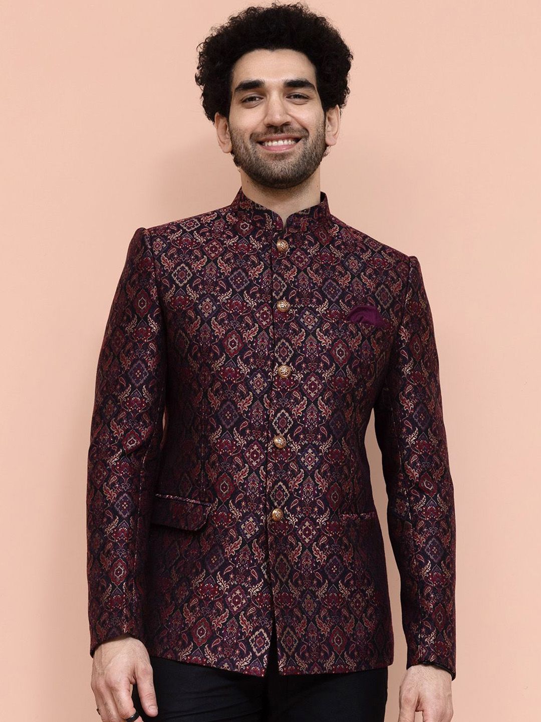KISAH Men Maroon Ethnic Motifs Woven Design Bandhgala Nehru Jackets-picture-37