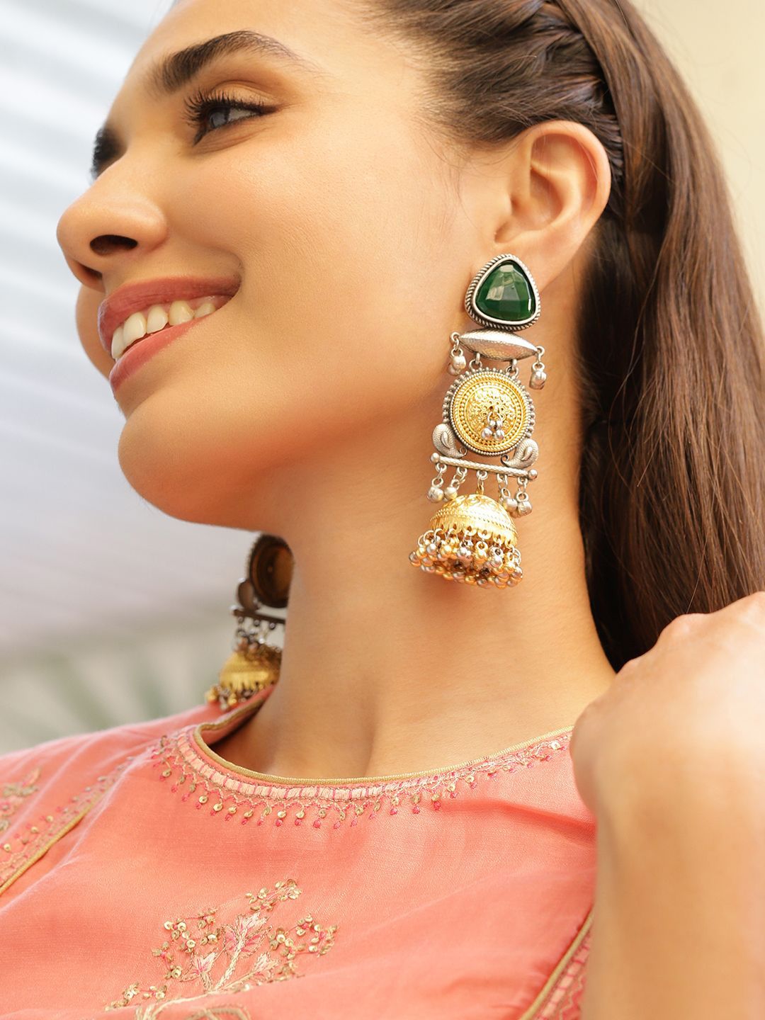 Rubans Silver & Gold Dual-Plated Oxidised Long Emerald Stone Gold & Silver Beads Jhumka-picture-16