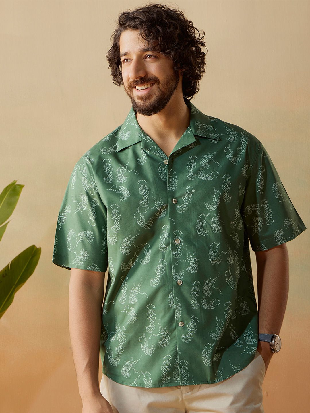 Andamen Men Premium Relaxed Fit Animal Printed Cuban Collar Casual Shirt