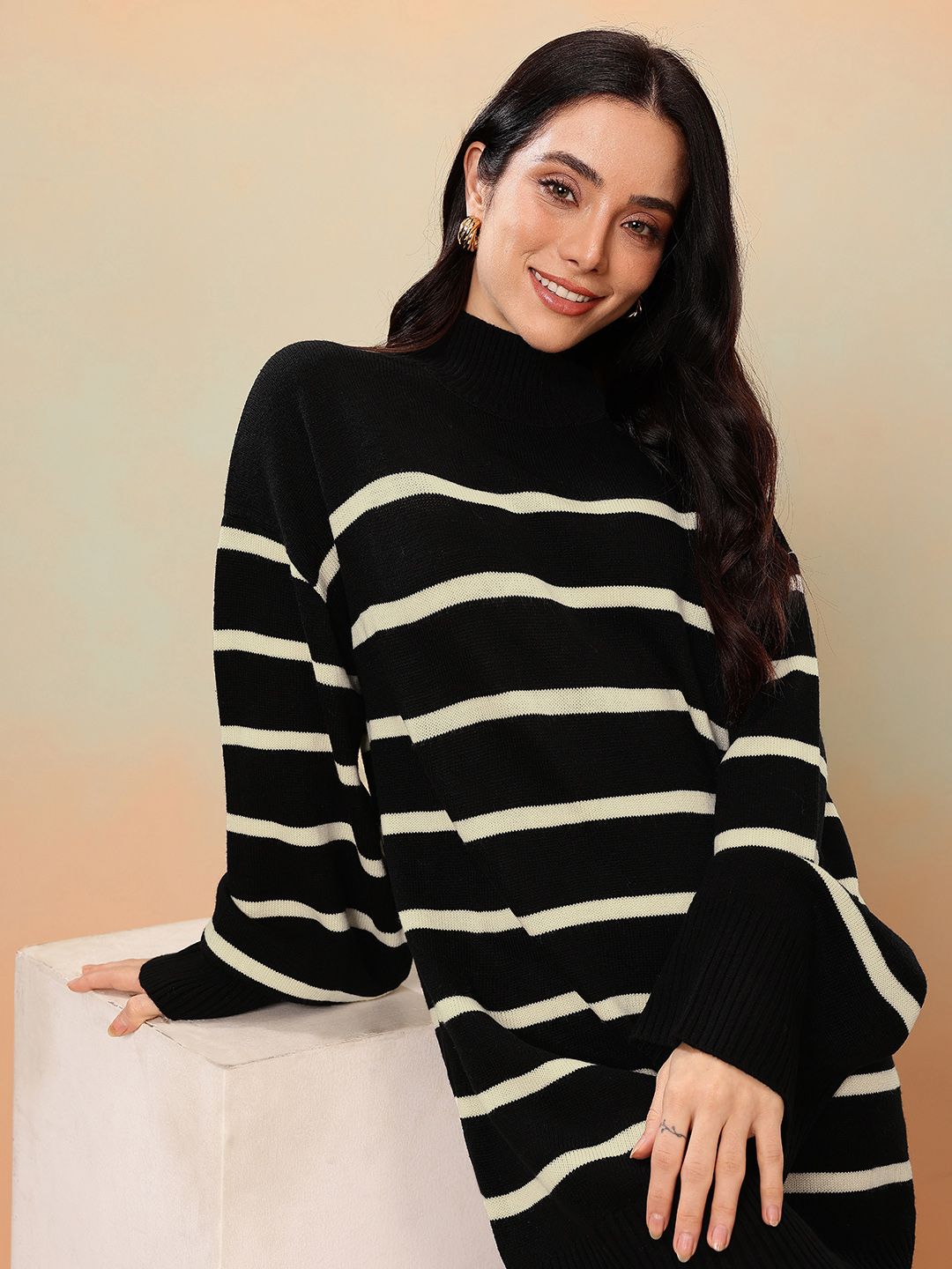 Mast & Harbour Striped High Neck Knitted Mini Dress