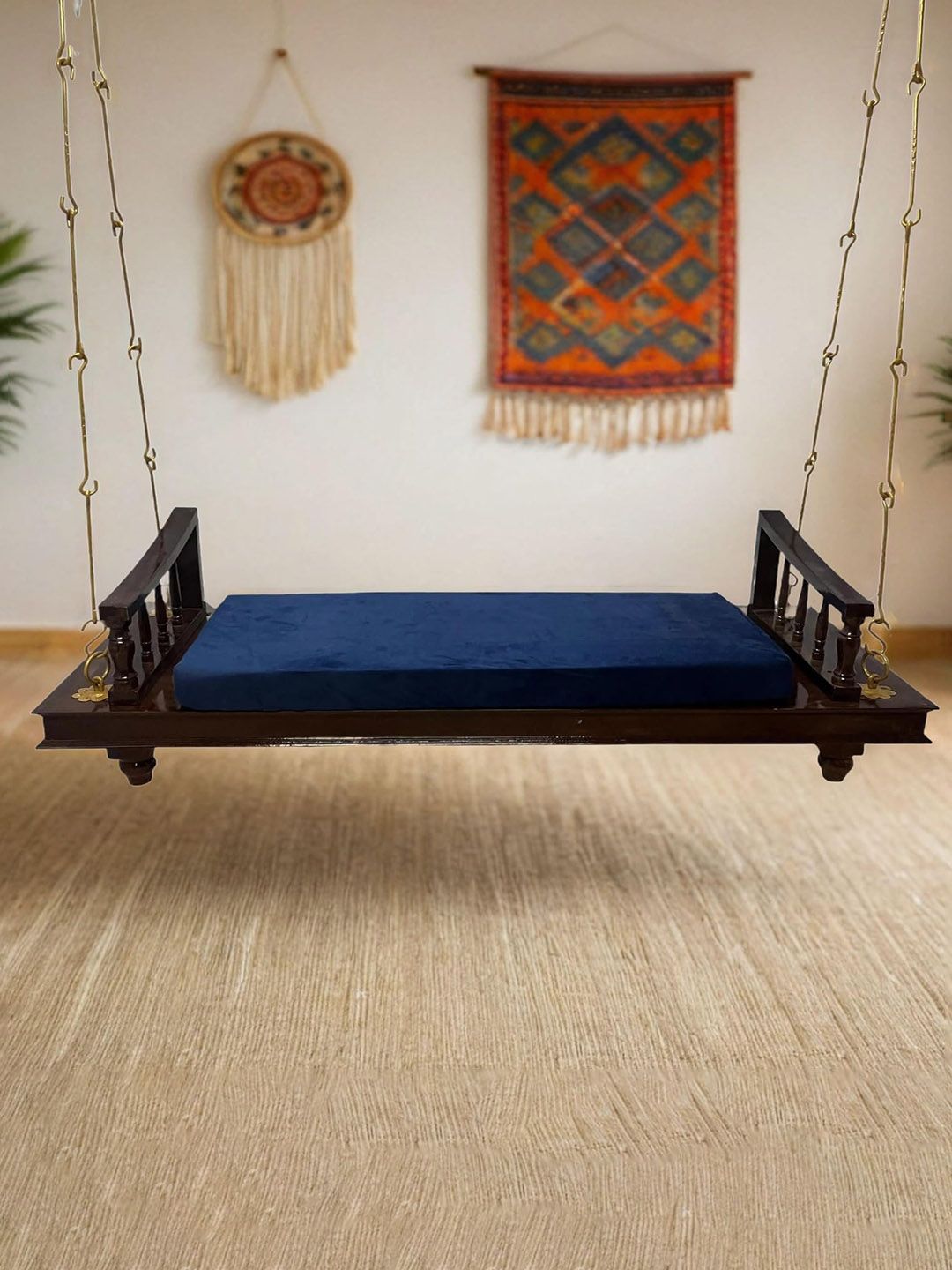 JAIRI TRADERS Brown & Blue Wooden Swings With Cushion-image-42