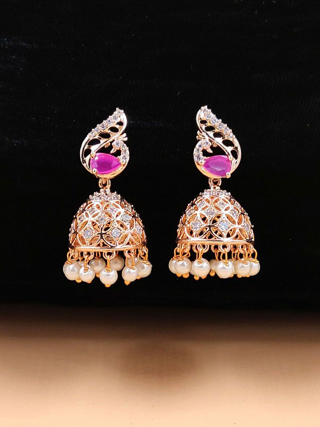 JYONA Gold-Plated American Diamond & Cubic Zirconia Studded Dome Shaped Jhumkas-picture-37