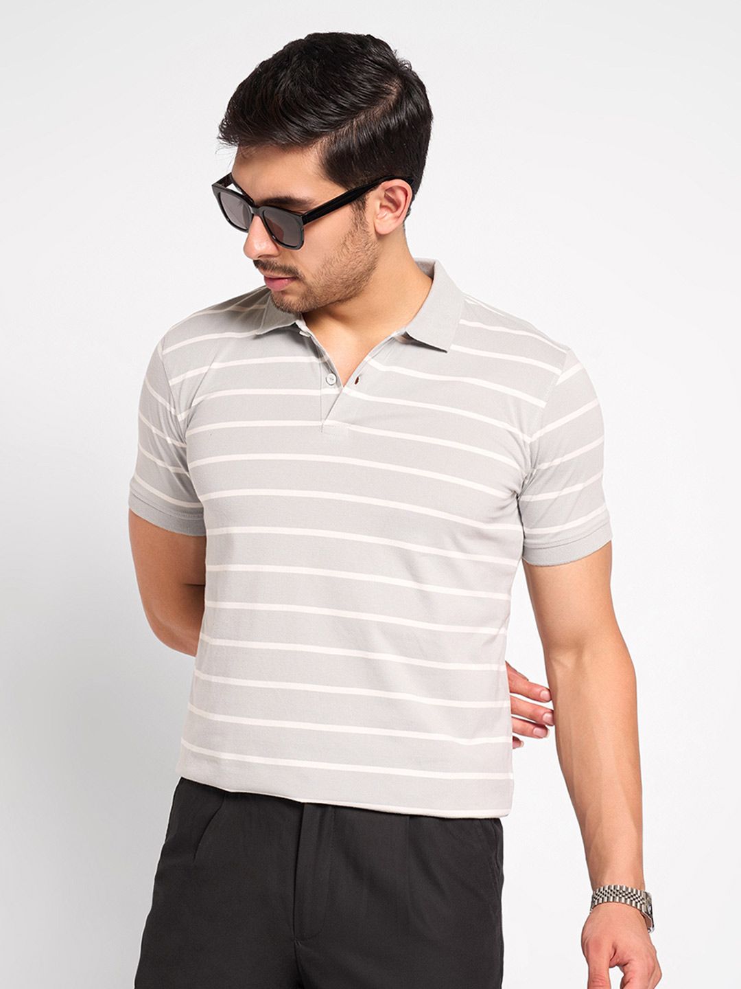 Peregrine by Pantaloons Striped Polo Collar Slim Fit Cotton T-shirt-picture-22