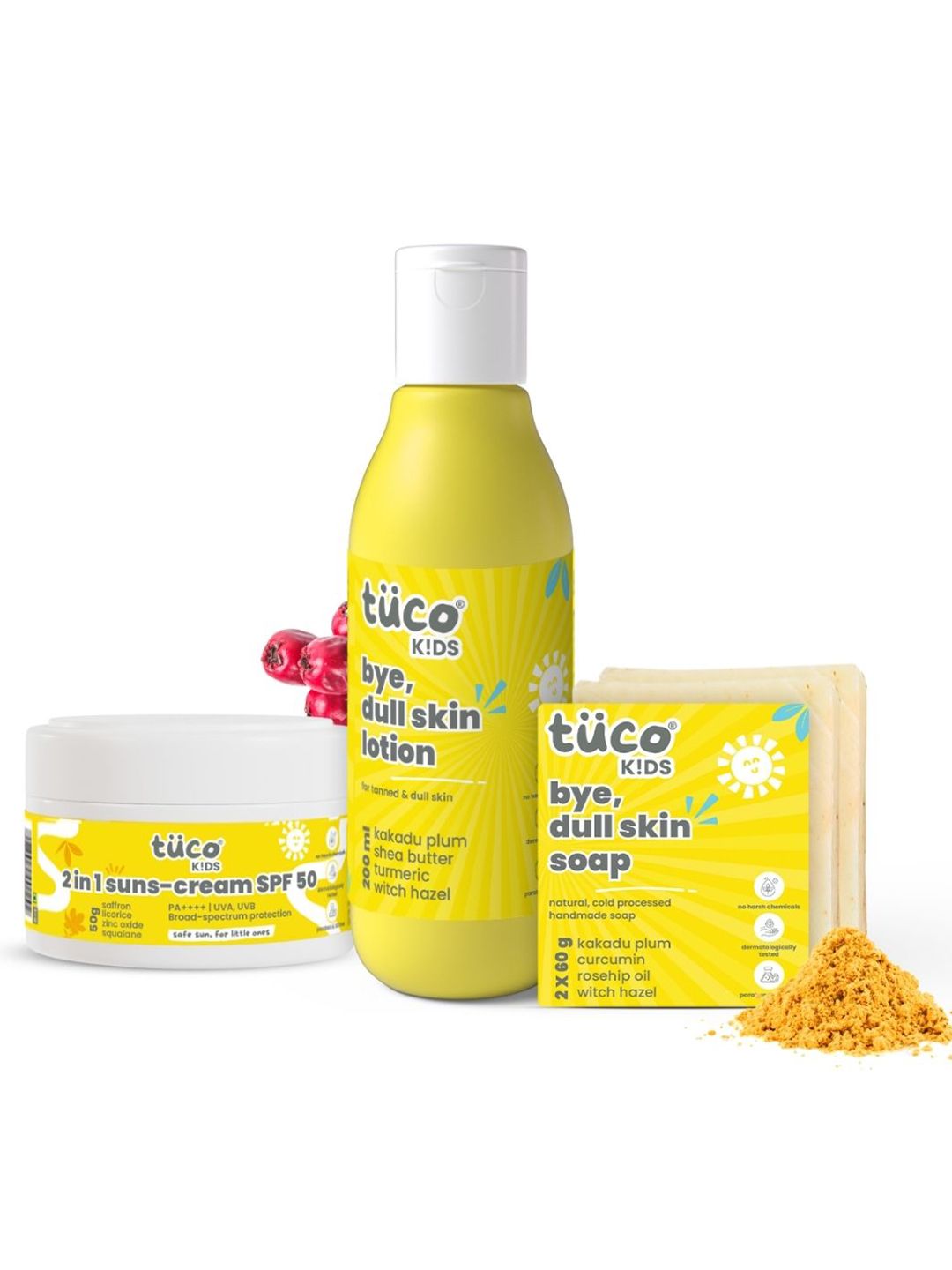 Tuco Intelligent Kids Set Of 3 Bye Dull Skin Soap- 60 g- Lotion- 100 ml & 2 In 1 Sunscreen-image-2