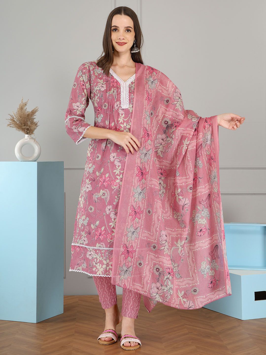 Anouk Women Ethnic Motifs Printed Cotton Kurta with Trouser & Dupatta