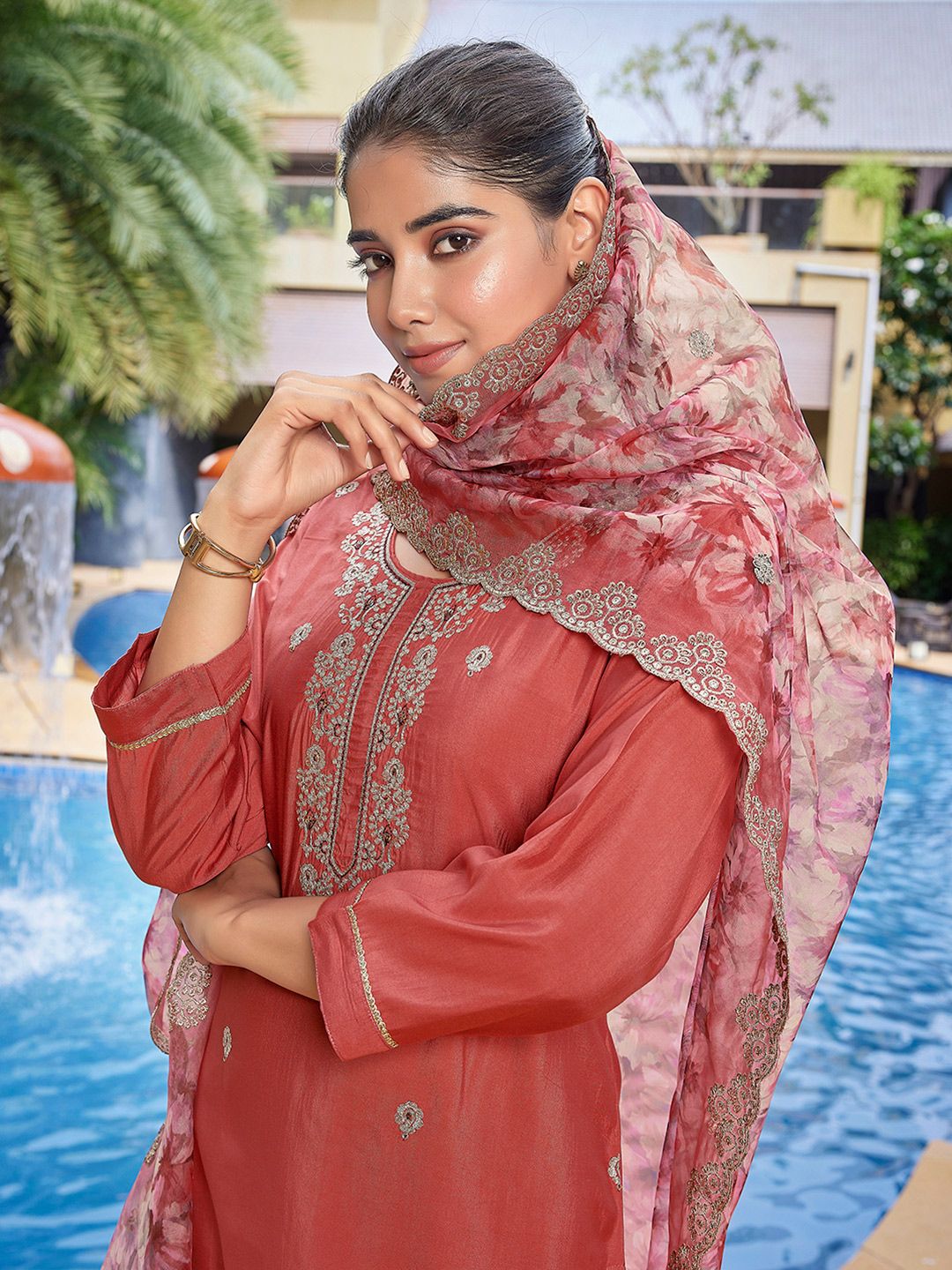 Royal Export Floral Embroidered Sequinned Chanderi  Straight Kurta With Trousers & Dupatta