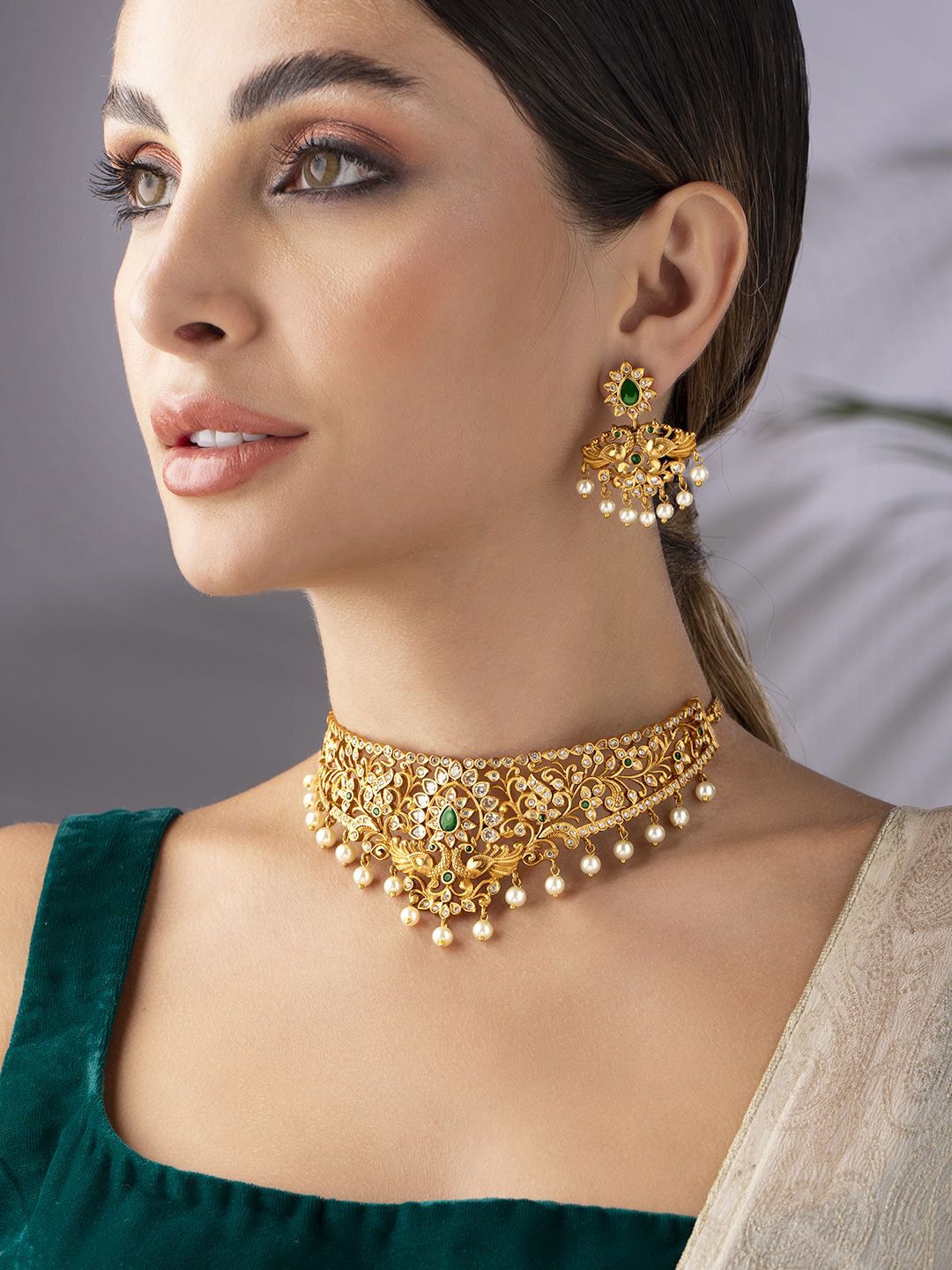 Rubans 22K Gold-Plated Emerald & CZ Studded Pearl Beaded Floral Choker Set-picture-44
