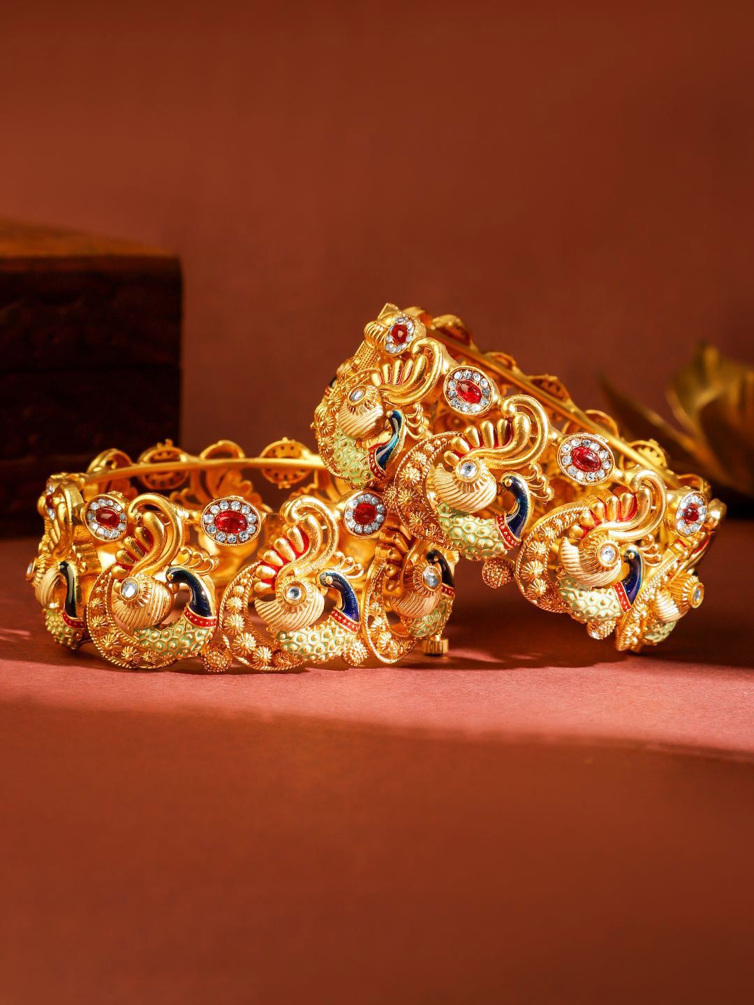 Rubans Set of 2 24K Gold-Plated Temple Kada Bangles with Peacock Motif Ruby Red & CZ Stone-image-35