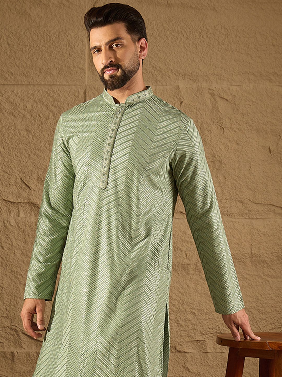 House of Pataudi Chevron Embroidered Mandarin Collar Thread Work Straight Kurta-picture-32