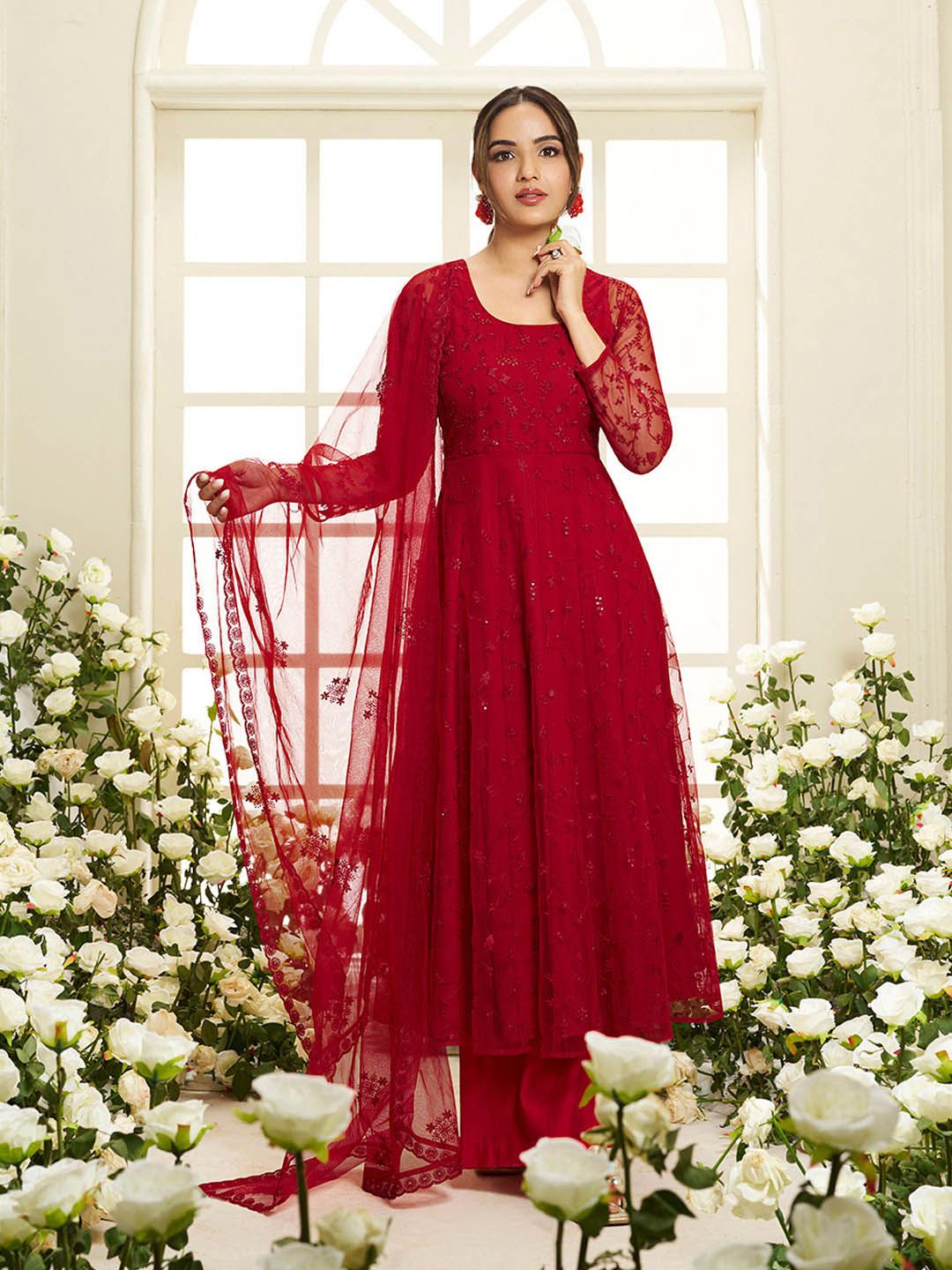 Inddus Floral Embroidered Round Neck Sequinned Anarkali Kurta With Palazzos & Dupatta-picture-27