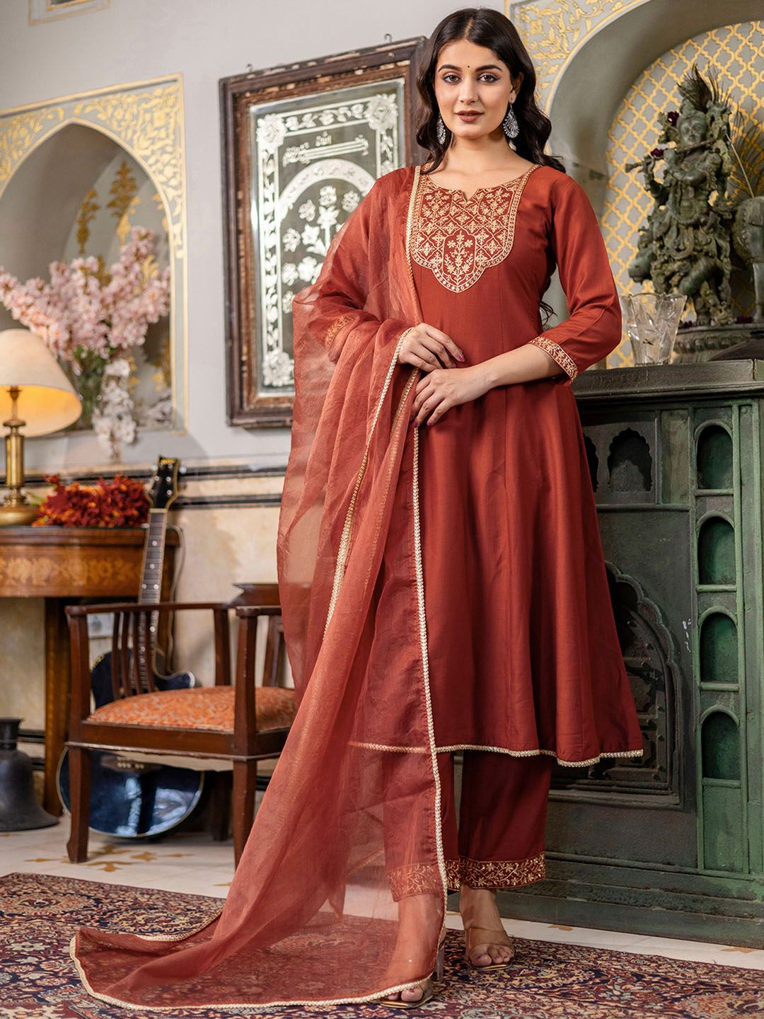 SANISA Women Ethnic Motifs Embroidered Panelled Sequinned Kurta with Trousers & With Dupatta-picture-32