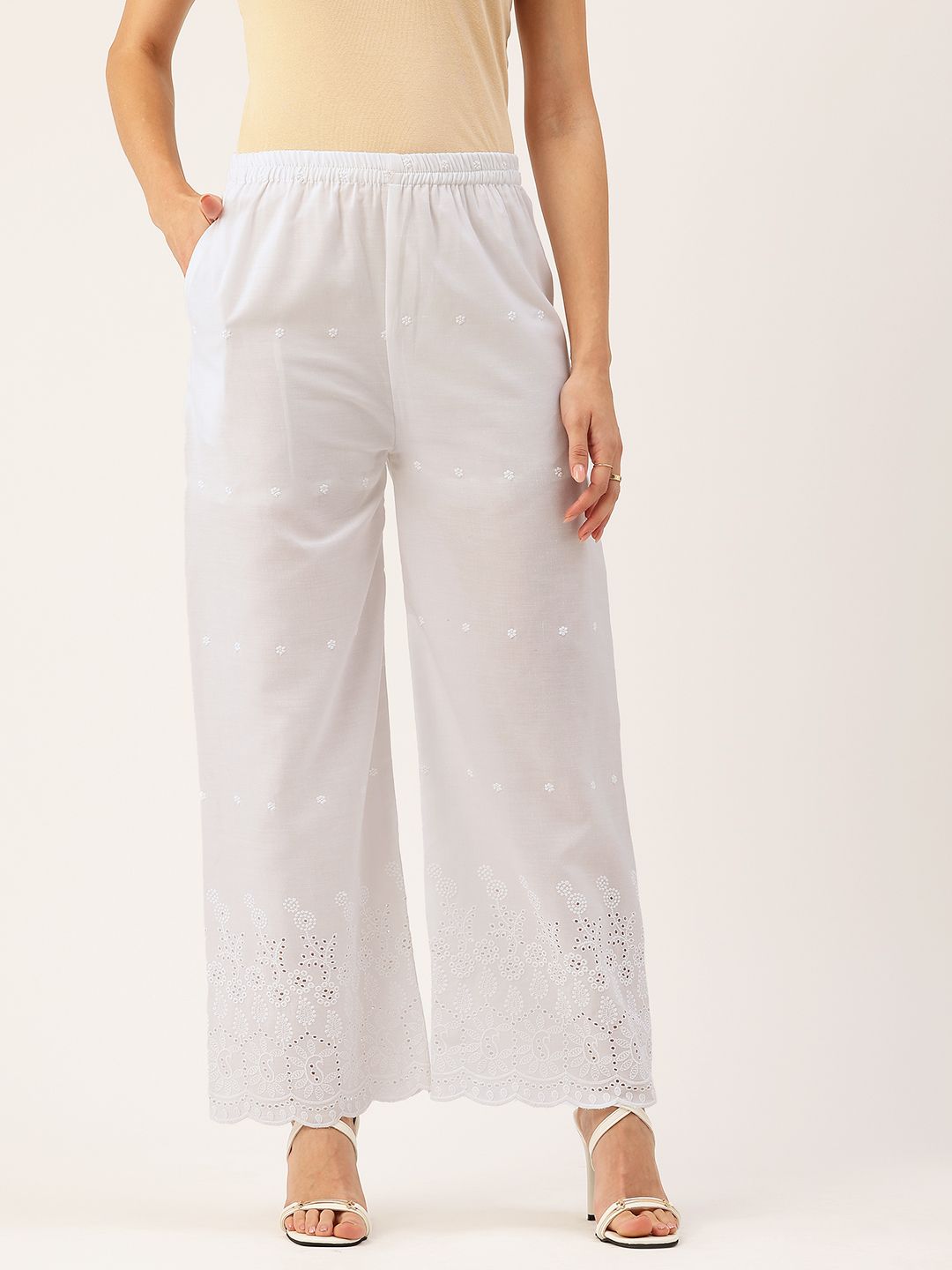 FERANOID Women Floral Embroidered Knitted Pure Cotton Ethnic Palazzos