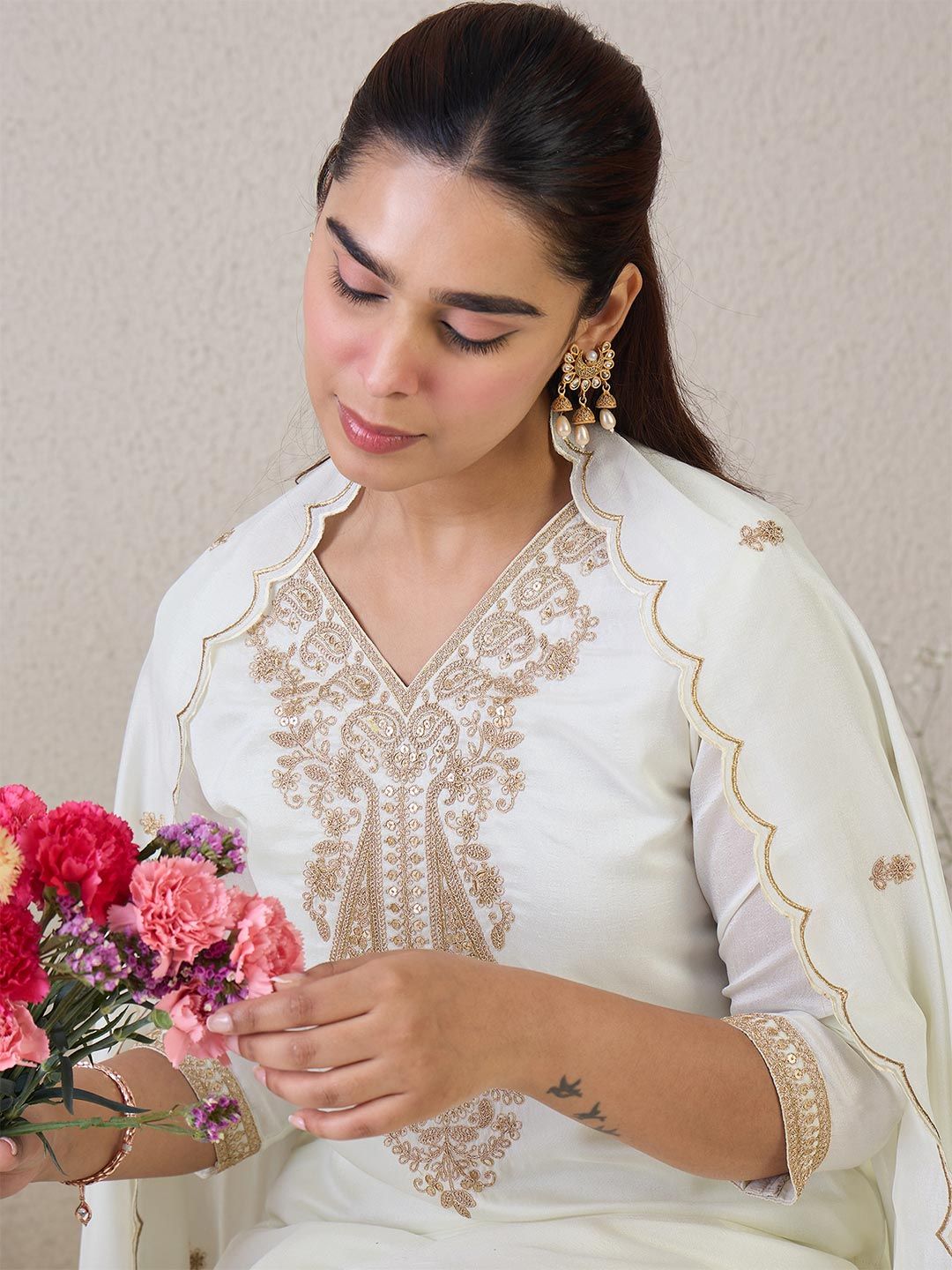 Indo Era Women Paisley Embroidered Regular Kurta with Trousers & With Dupatta
