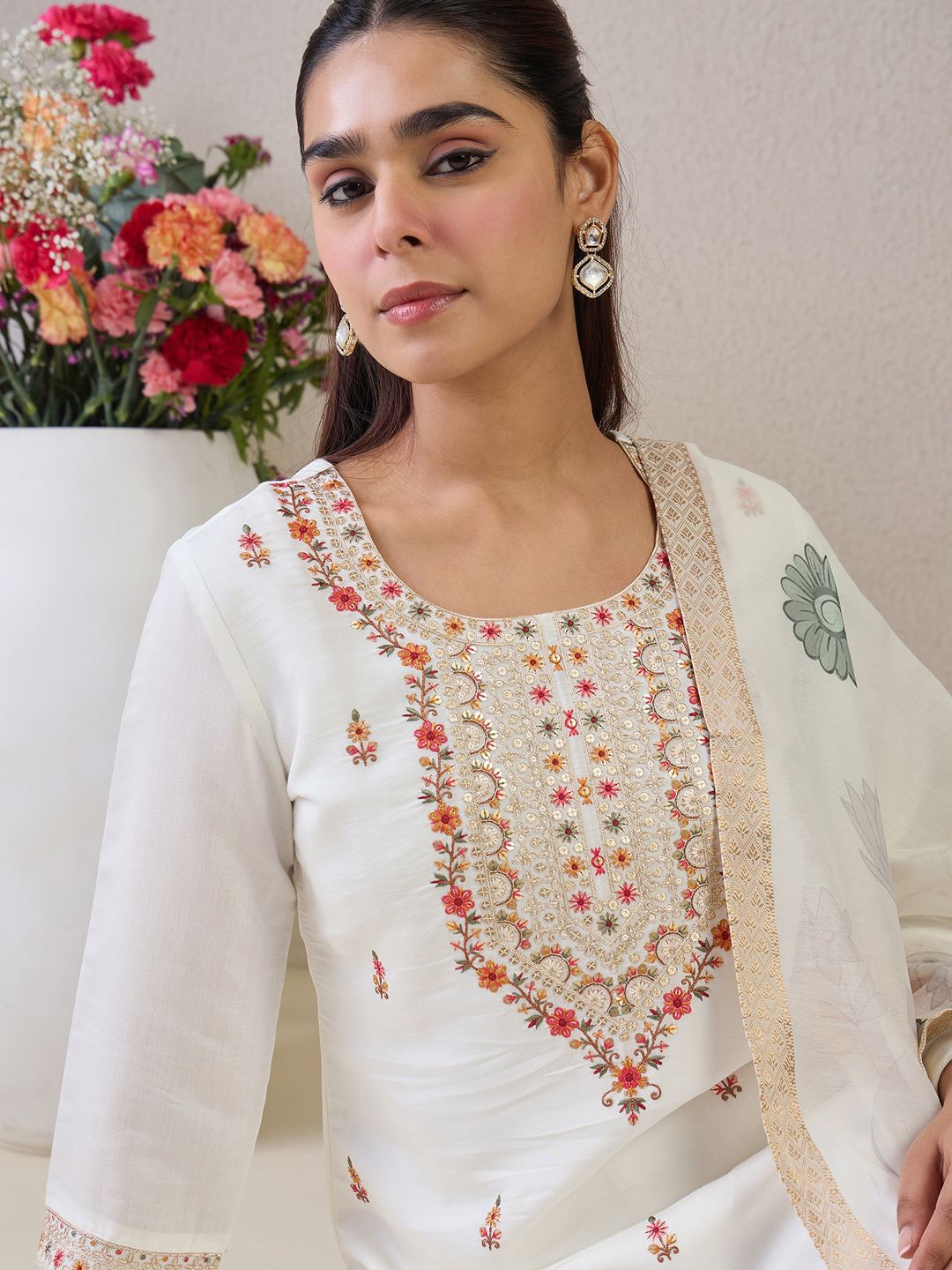 Indo Era Women Floral Embroidered Kurta with Trousers & Dupatta