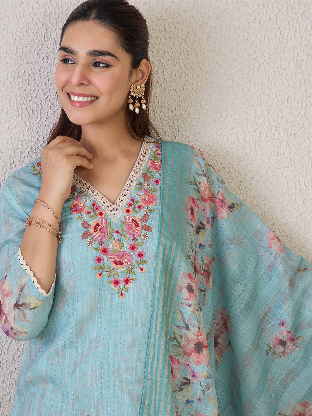 Indo Era Women Floral Embroidered Linen Kurta with Trousers & Dupatta-picture-25