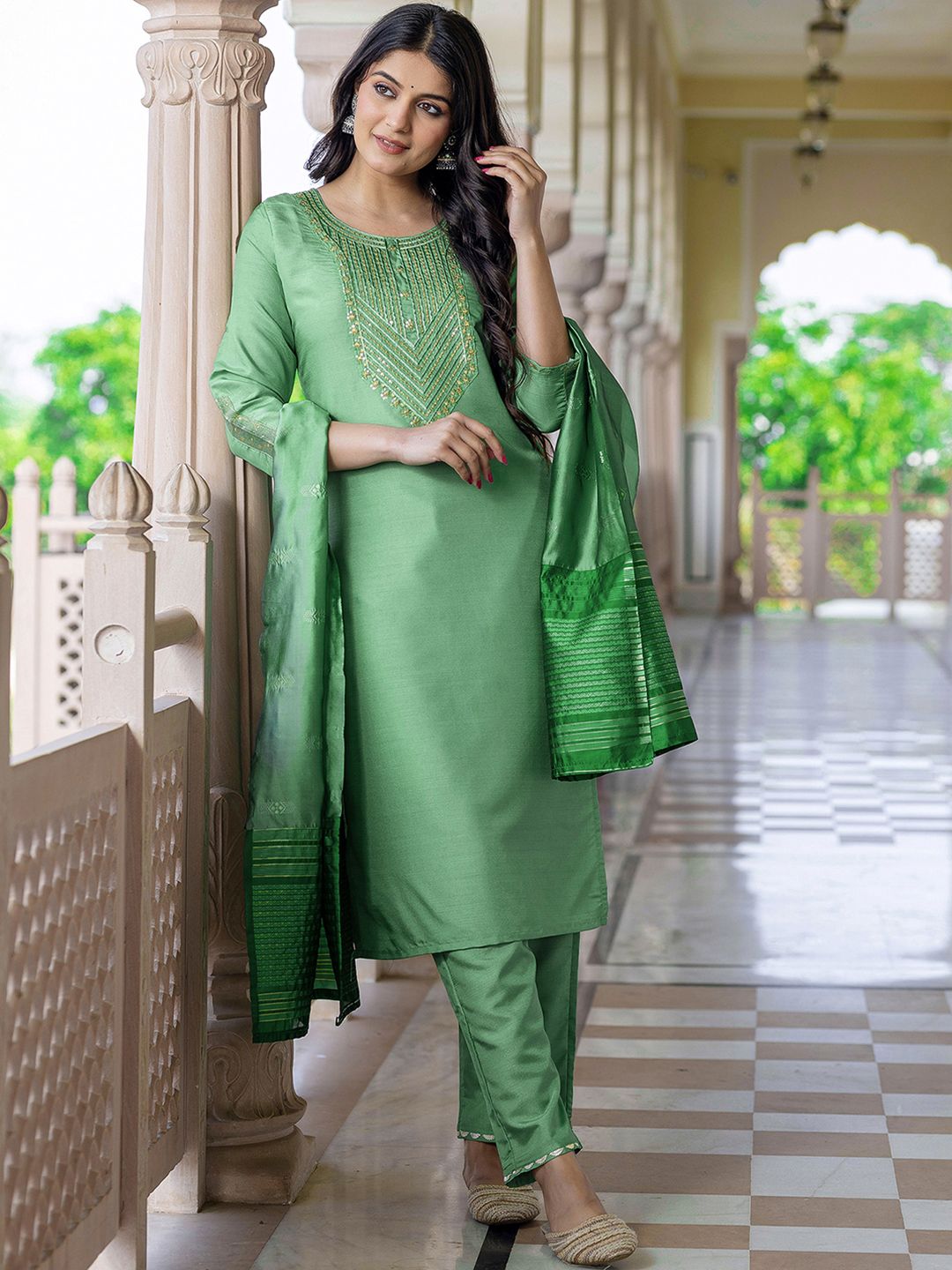 SANISA Women Ethnic Motifs Embroidered Kurta with Trousers & Dupatta-picture-12