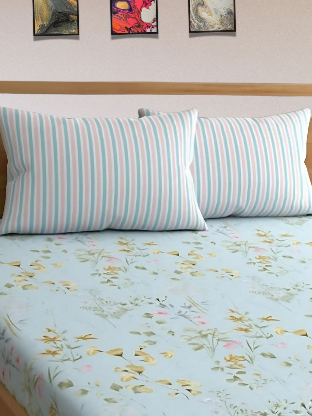 Aura Blue & Mustard Floral Printed Cotton 350 TC King Bedsheet Set 2.75 m x 2.75 m-picture-23