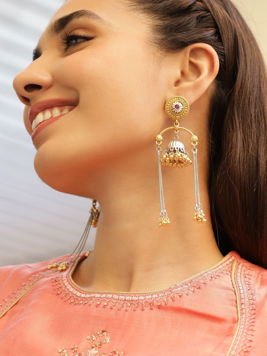 Rubans Dual-Tone Oxidised Silver-Plated Gold Beaded Dome Jhumka with Ruby & Chain Dangles-picture-23