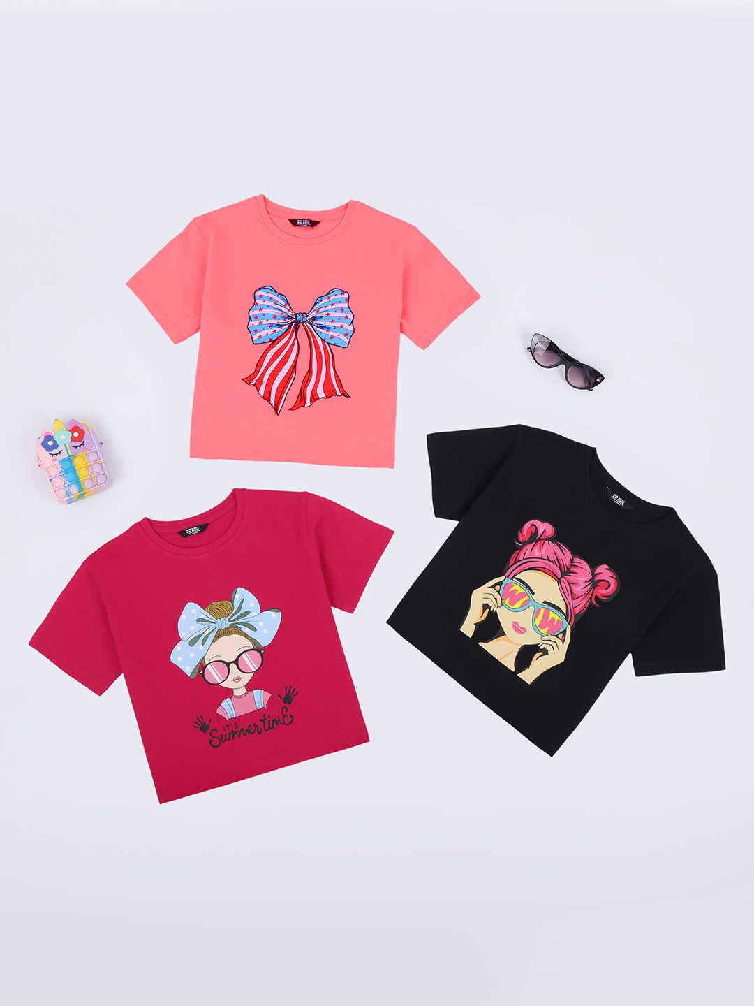 HERE&NOW Girls Pack Of 3 Graphic Printed Boxy Pure Cotton T-shirts-picture-44