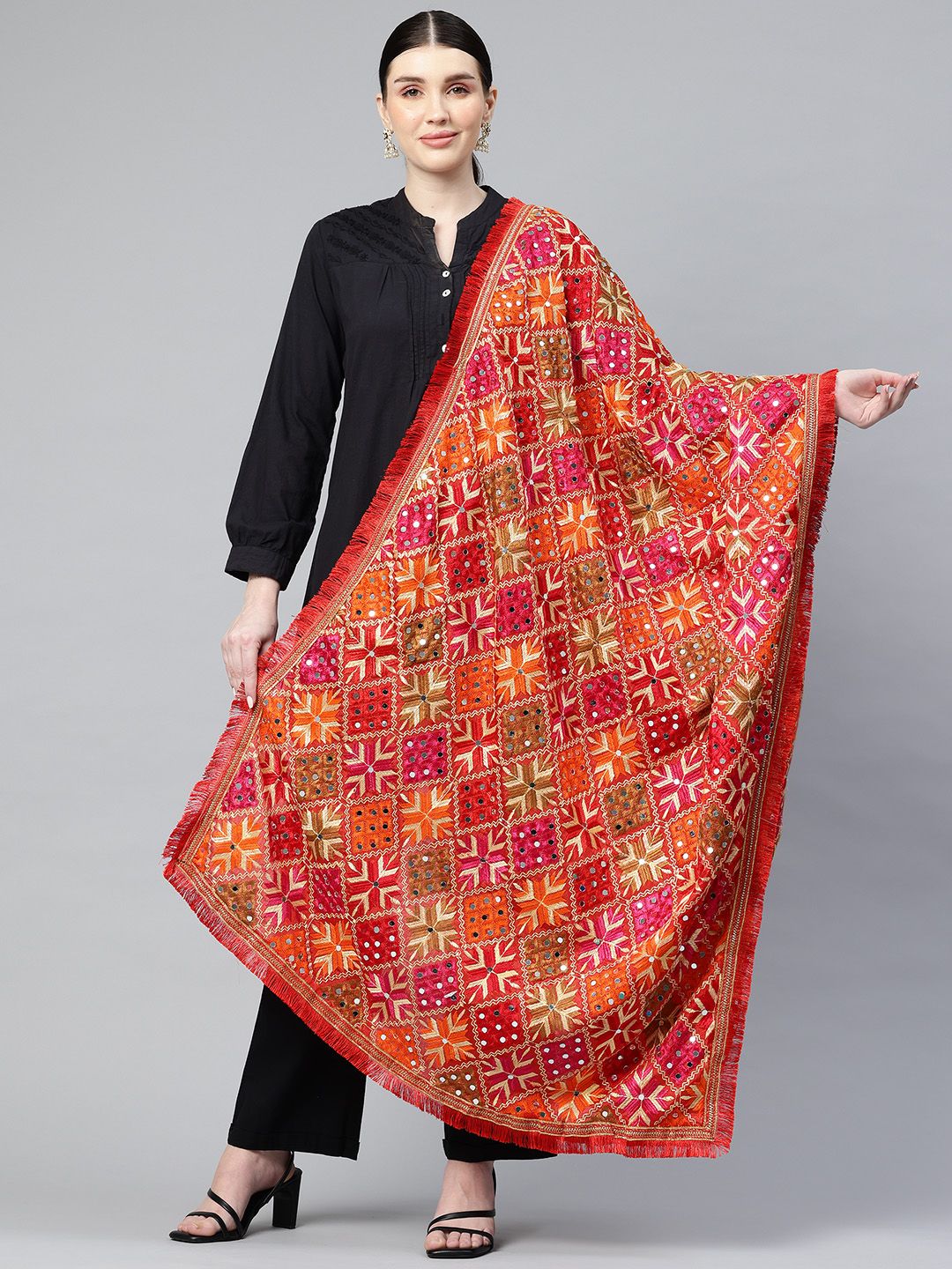 SWI Stylish Ethnic Motifs Embroidered Phulkari Chiffon Dupatta with Mirror Work-image-15