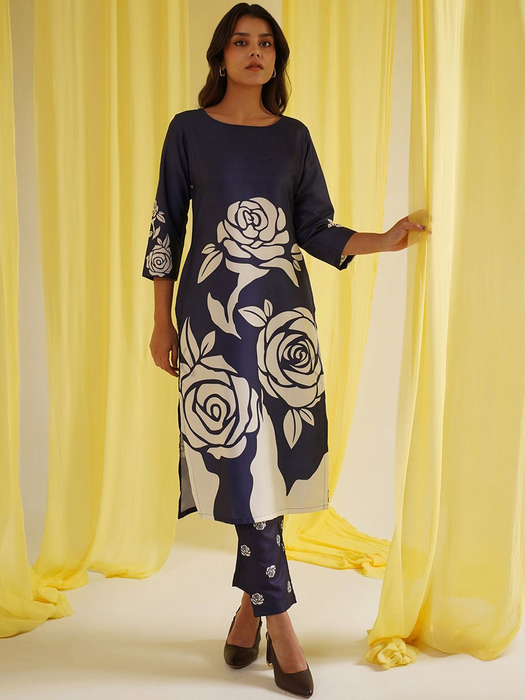 KALINI Floral Printed Round Neck Straight Kurta With Trousers-picture-37