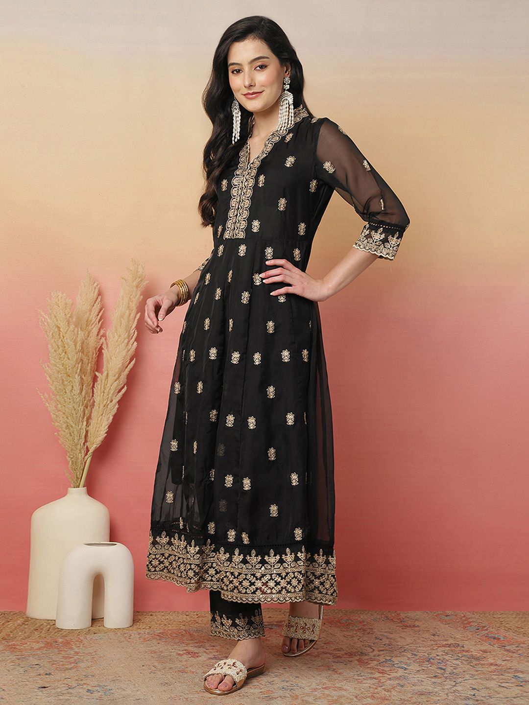 Women Floral Embroidered Round Neck Anarkali Kurta With Trousers & Dupatta