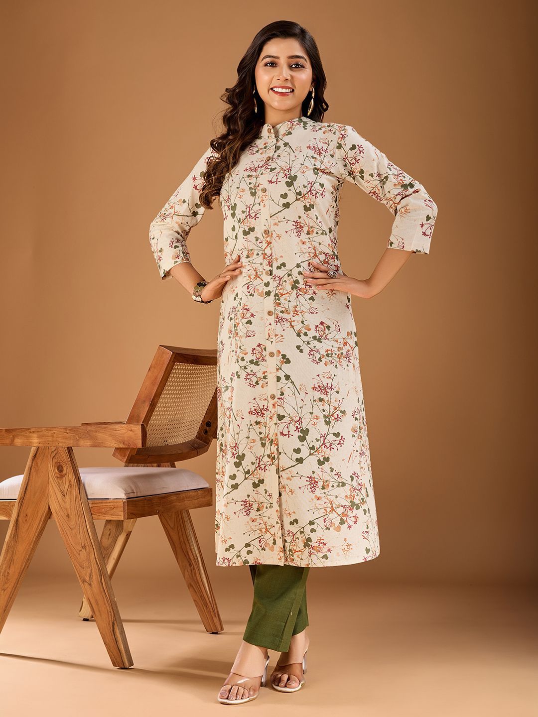 Women Pink Floral Yoke Design Mandarin Collar A-Line Kurta with Trousers & Dupatta