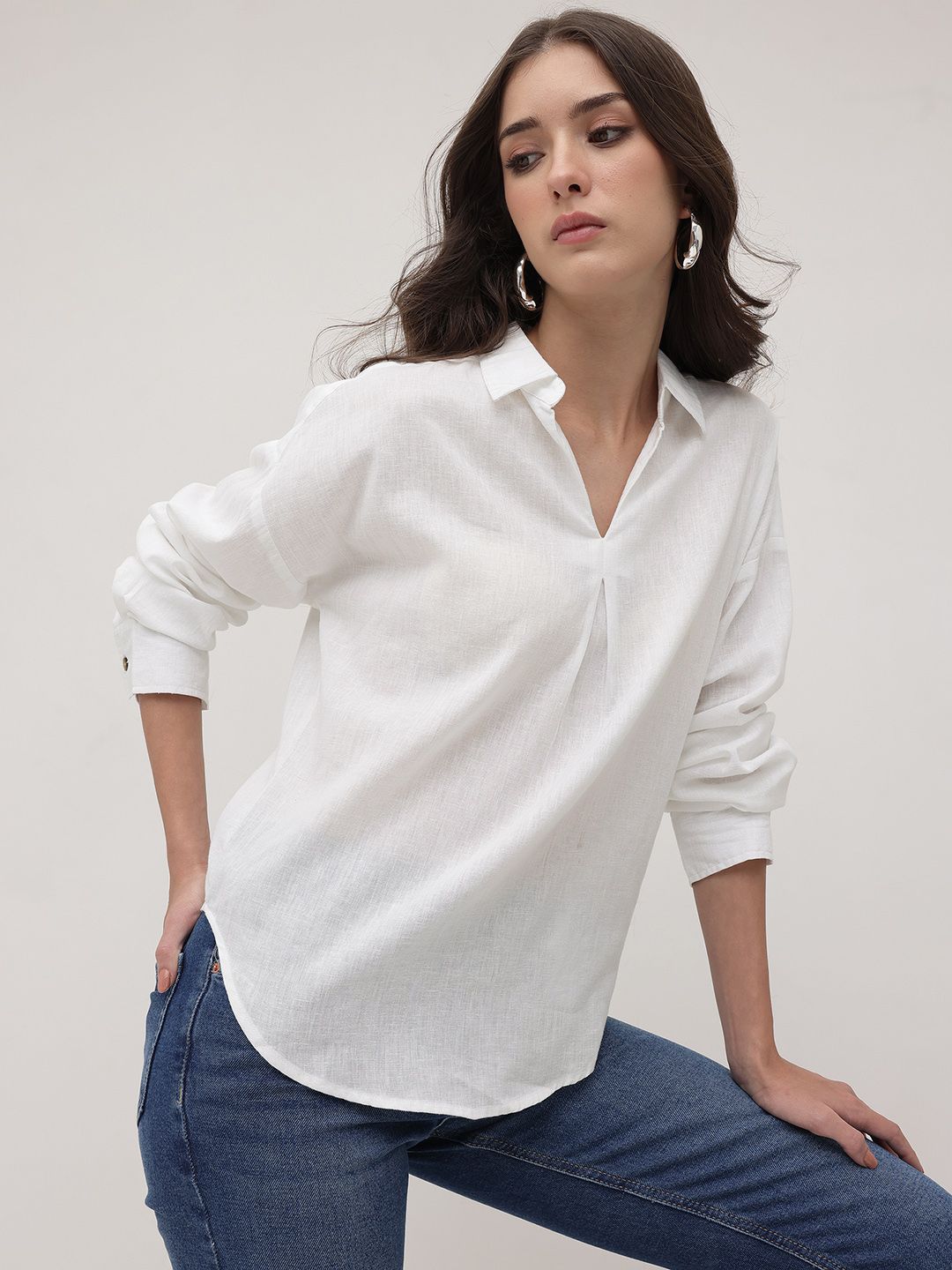 The Roadster Lifestyle Co. Solid Linen Shirt Style Longline Top-picture-39