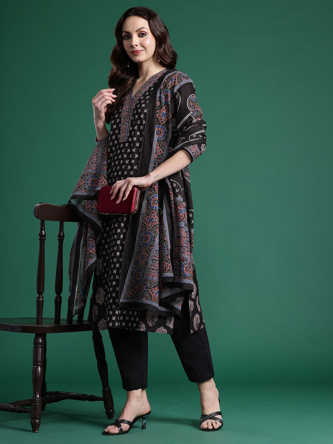 Indo Era Ethnic Motifs Printed Panelled Pure Cotton Kurta with Trousers & Dupatta-picture-35