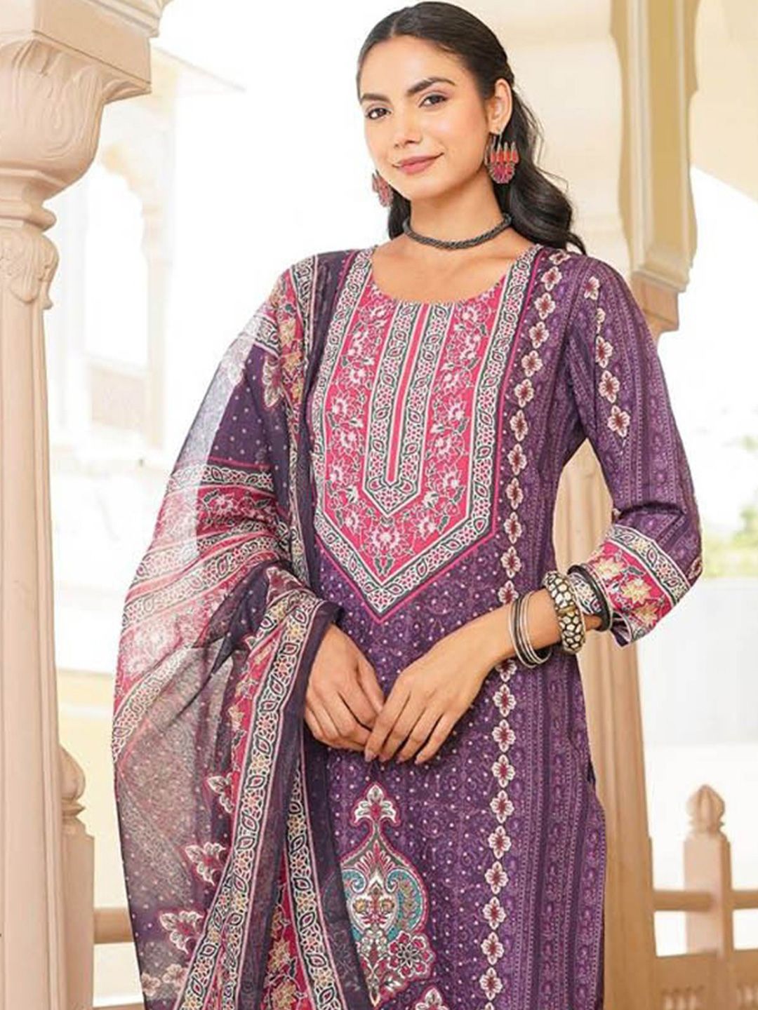 AHIKA Ethnic Motifs Printed Round Neck Kurta With Trousers & Dupatta