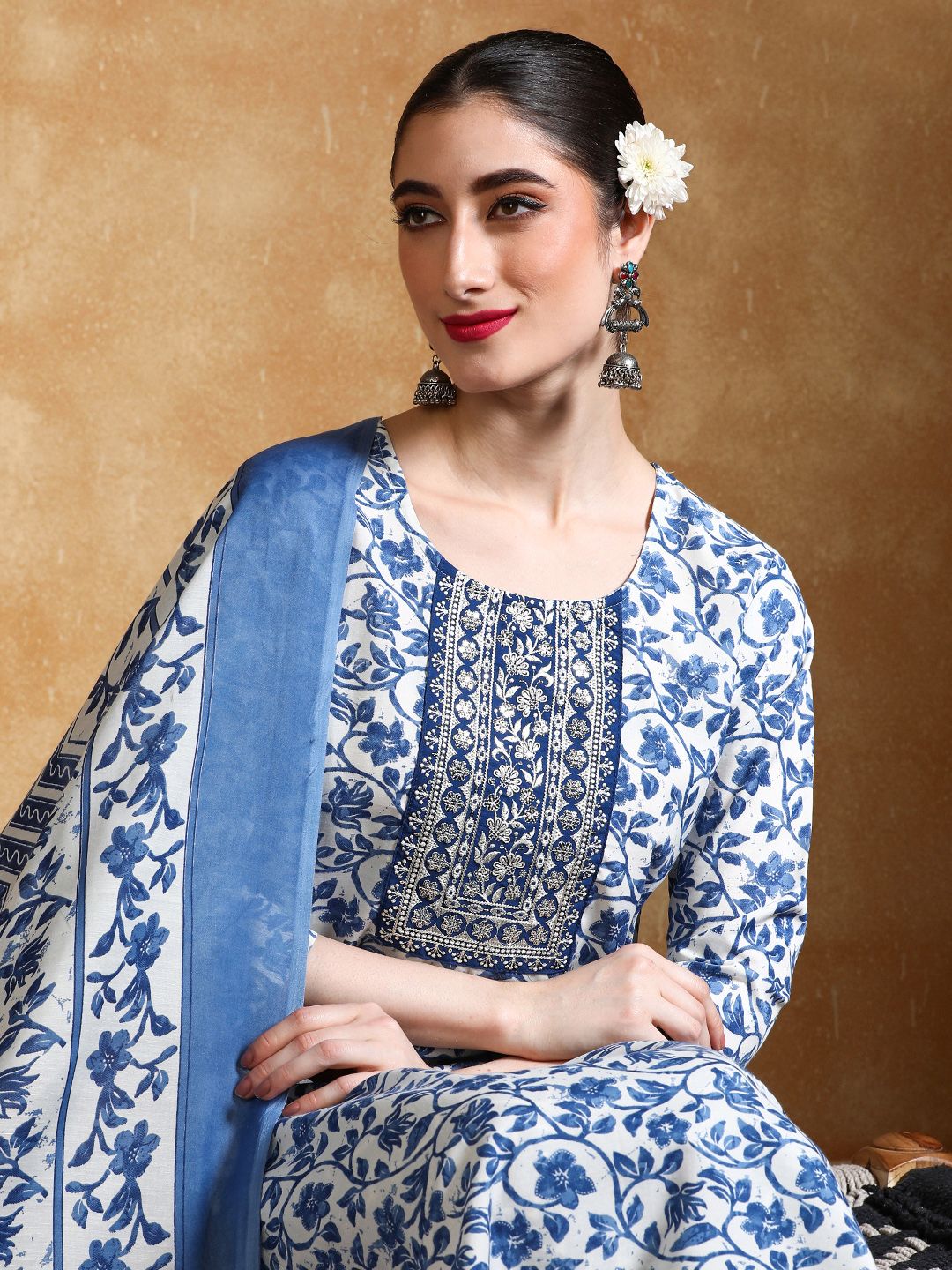 Varanga Women Floral Yoke Design Kurta with Trousers & Dupatta