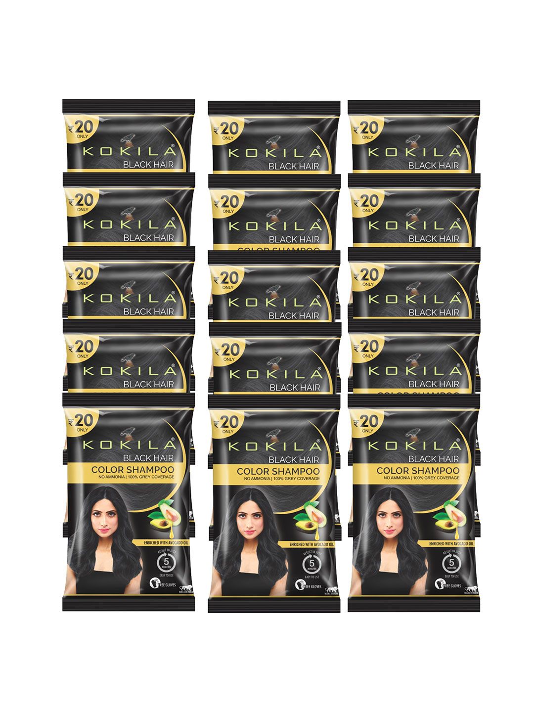 KOKILA Set Of 15 Hair Color Shampoo Sachet- 15 ml Each- Black