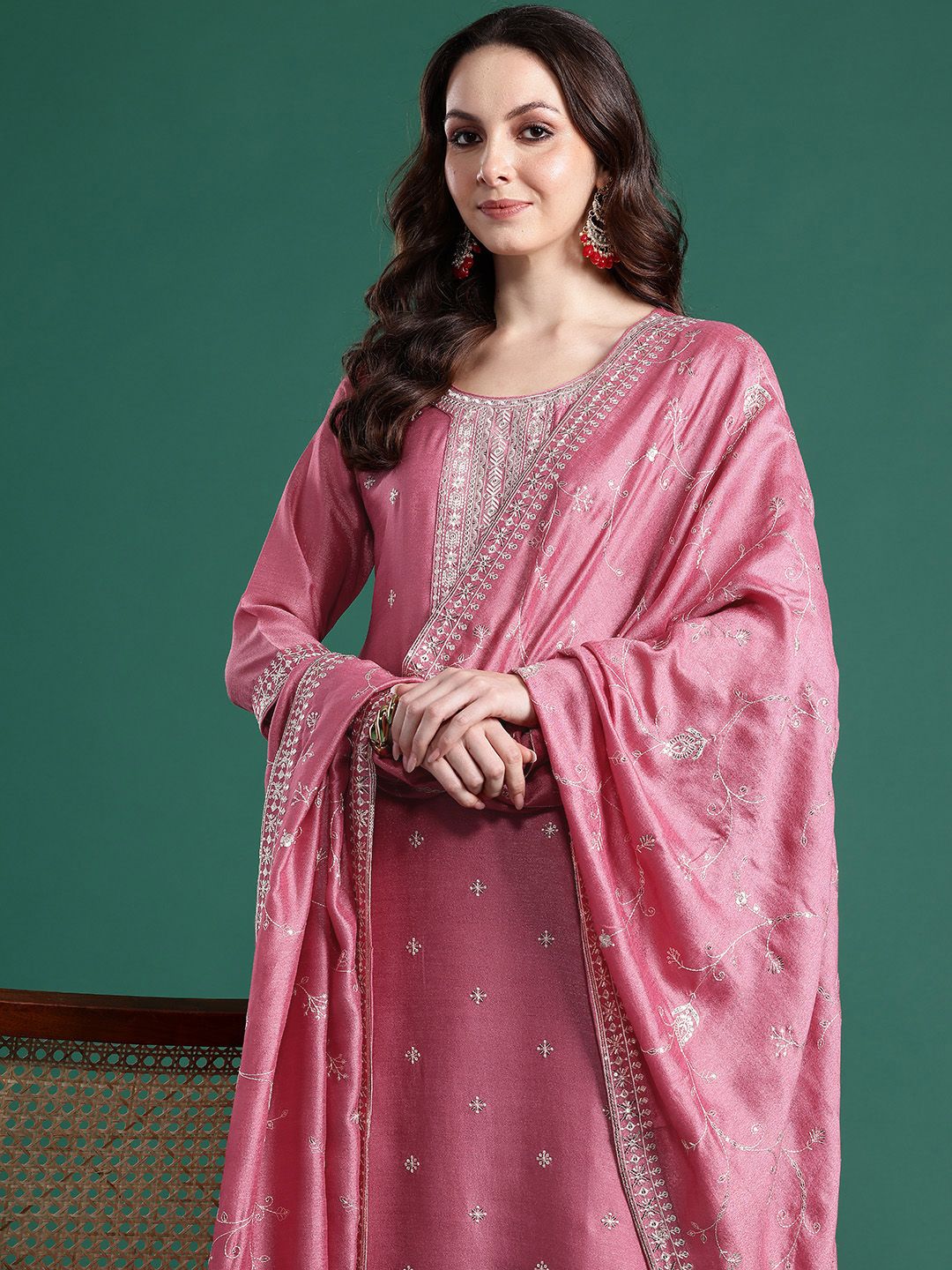 Indo Era Ethnic Motifs Embroidered Sequinned Kurta With Trousers & Dupatta