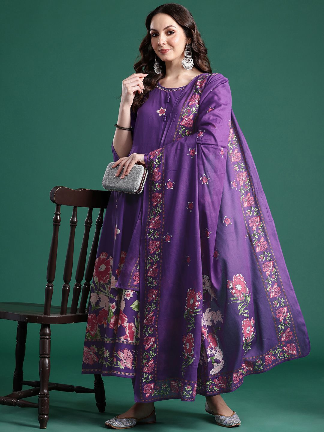 Indo Era Floral Printed Mirror Work Pure Cotton Kurta With Trousers & Dupatta