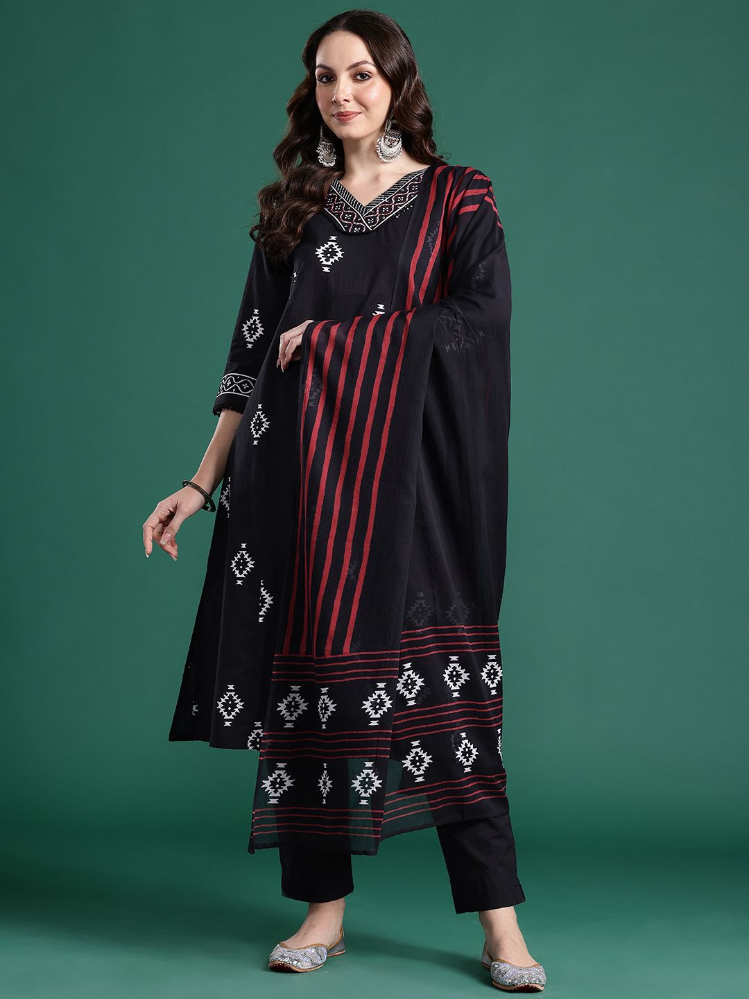 Indo Era Ethnic Motifs Printed Thread Work Pure Cotton Kurta With Trousers & Dupatta-picture-29