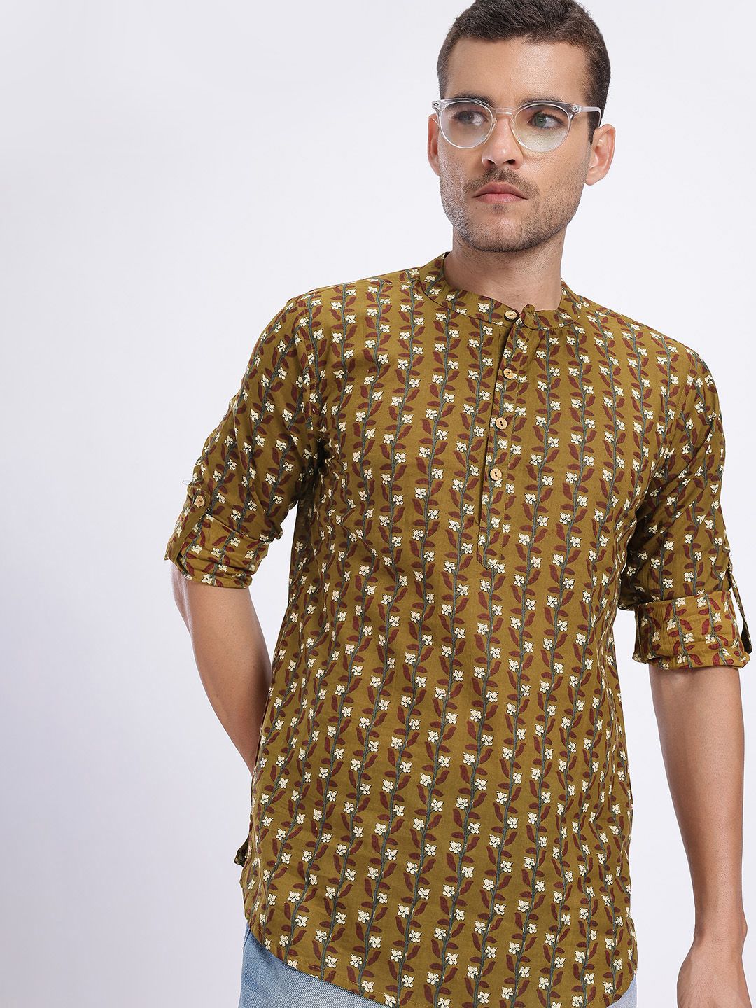 Anouk Rustic Floral Print Pure Cotton Band Collar Roll-Up Sleeves Straight Kurta-picture-20