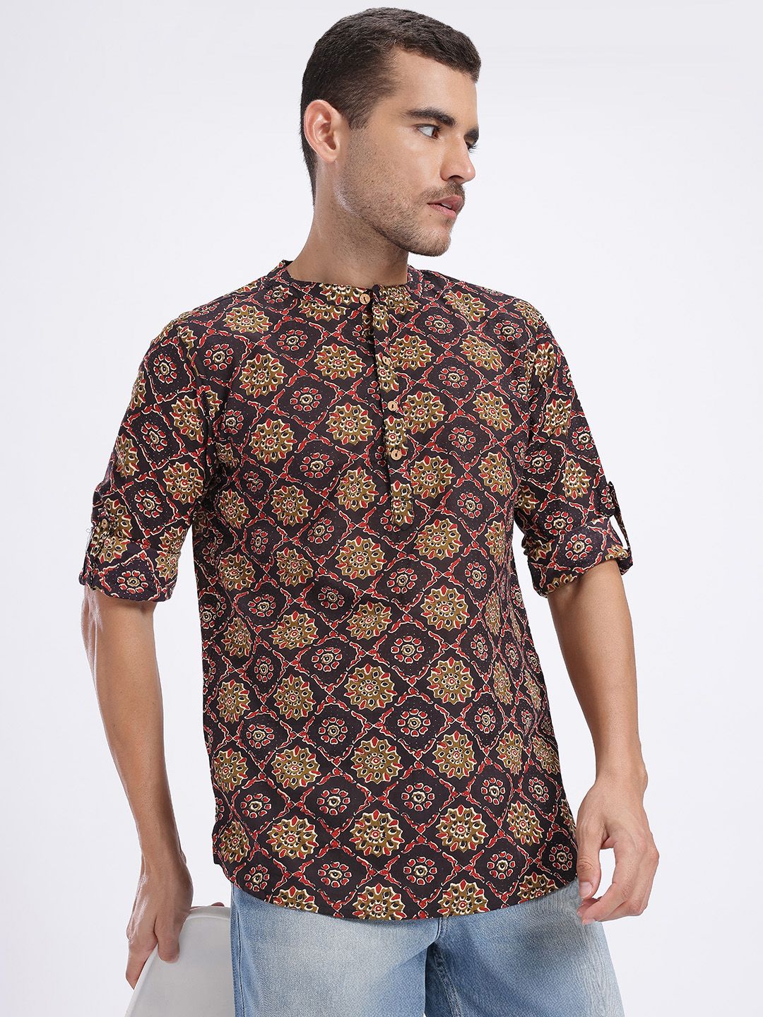 Anouk Rustic Ethnic Motifs Print Pure Cotton Band Collar Roll-Up Sleeves Straight Kurta-picture-37