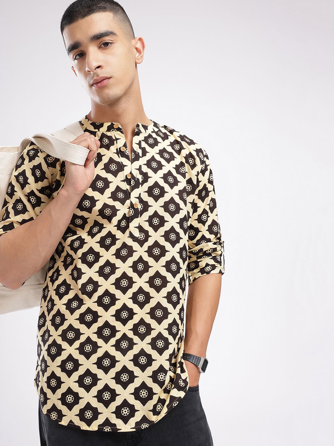 Anouk Rustic Band Collar Ethnic Motifs Printed Roll-Up Sleeves Kurta-picture-52