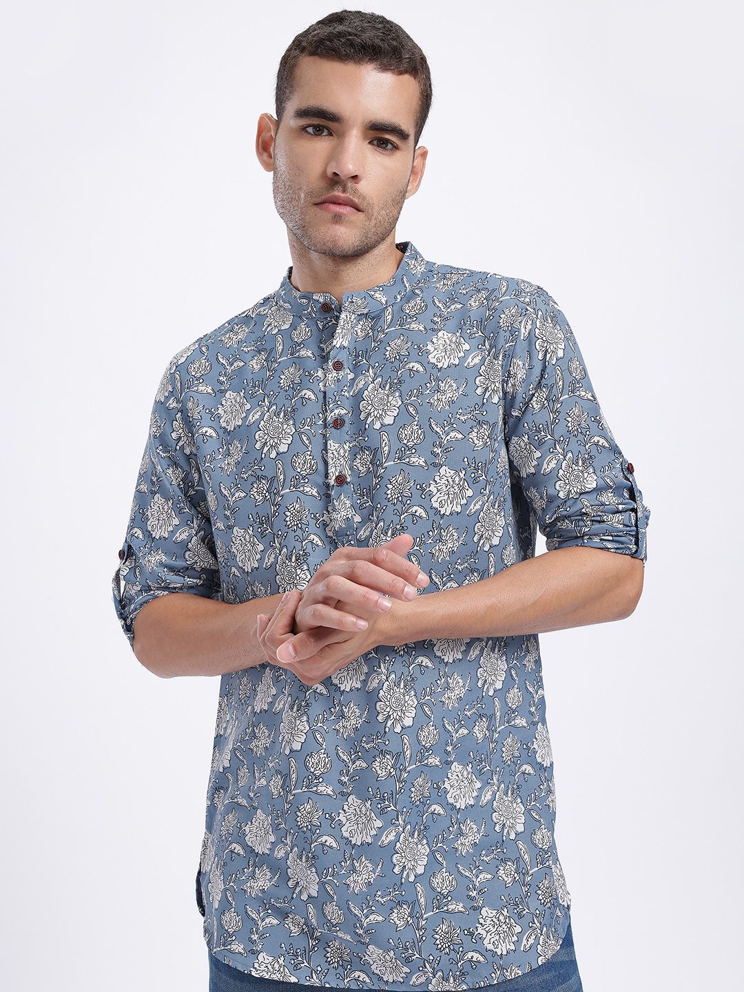 Anouk Rustic Floral Printed Band Collar Roll-Up Sleeves Straight Kurta-picture-36