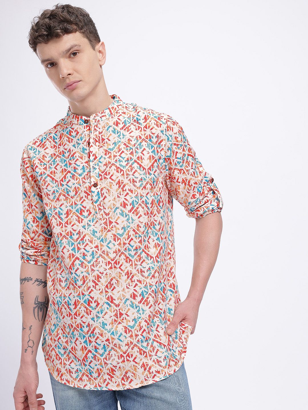 Anouk Rustic Geometric Print Roll Up Sleeves Kurta-picture-12