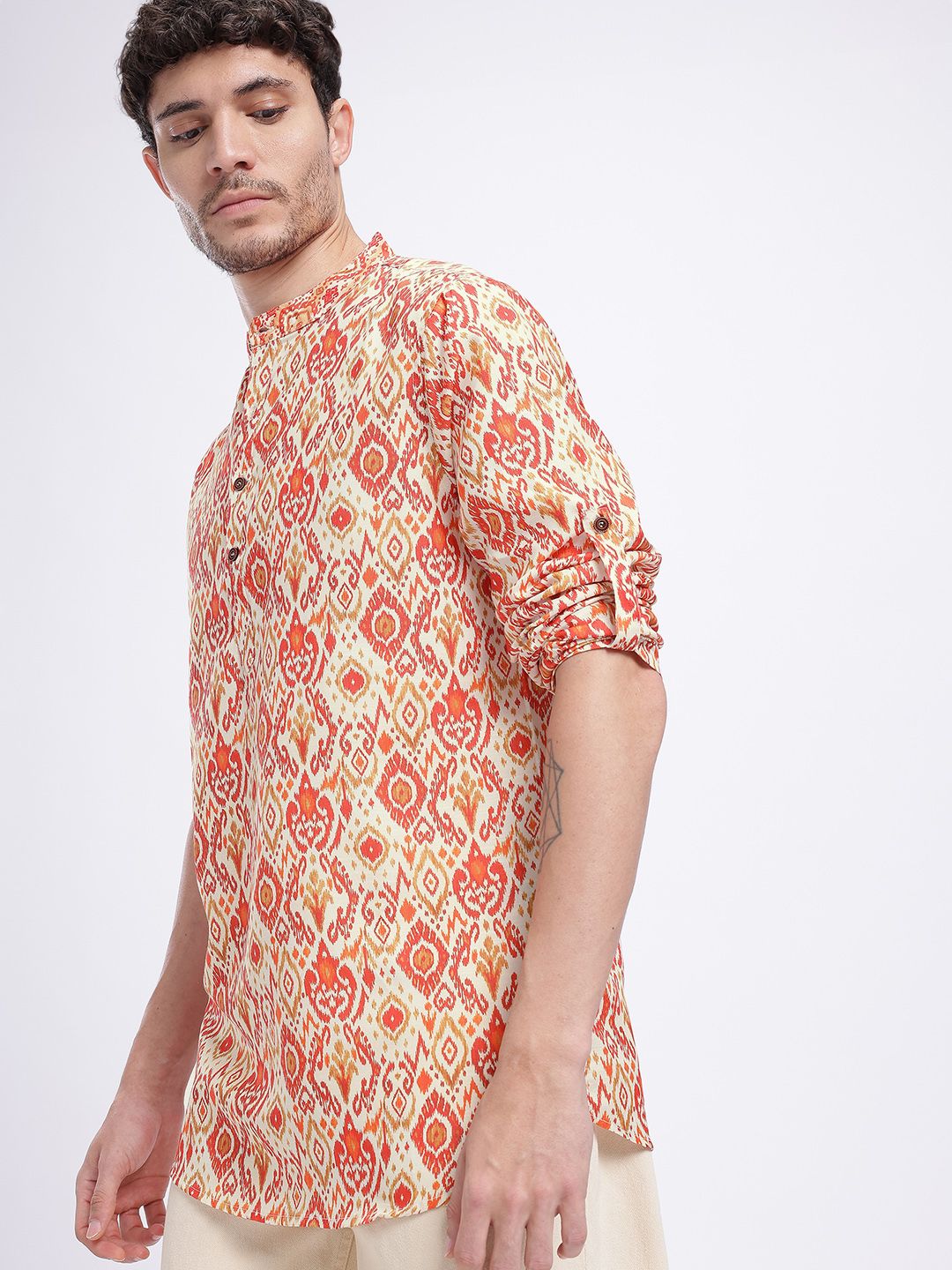 Anouk Rustic Geometric Print Roll Up Sleeves Kurta-picture-10