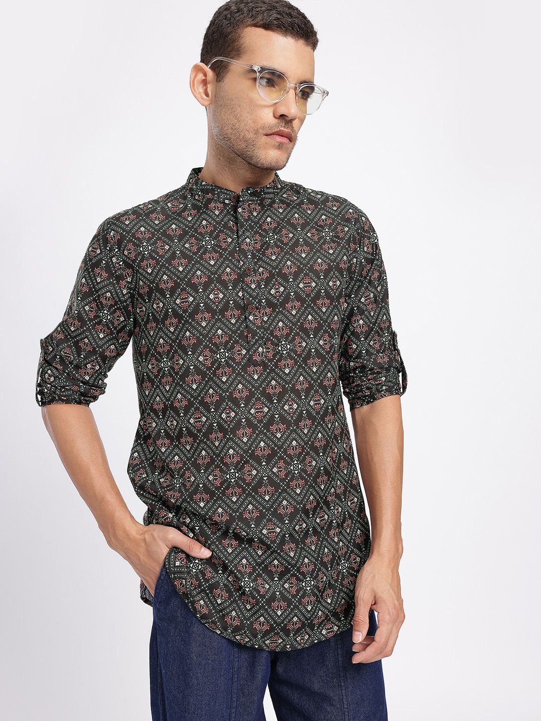 Anouk Rustic Ethnic Motifs Print Band Collar Roll-Up Sleeves Straight Kurta-picture-25