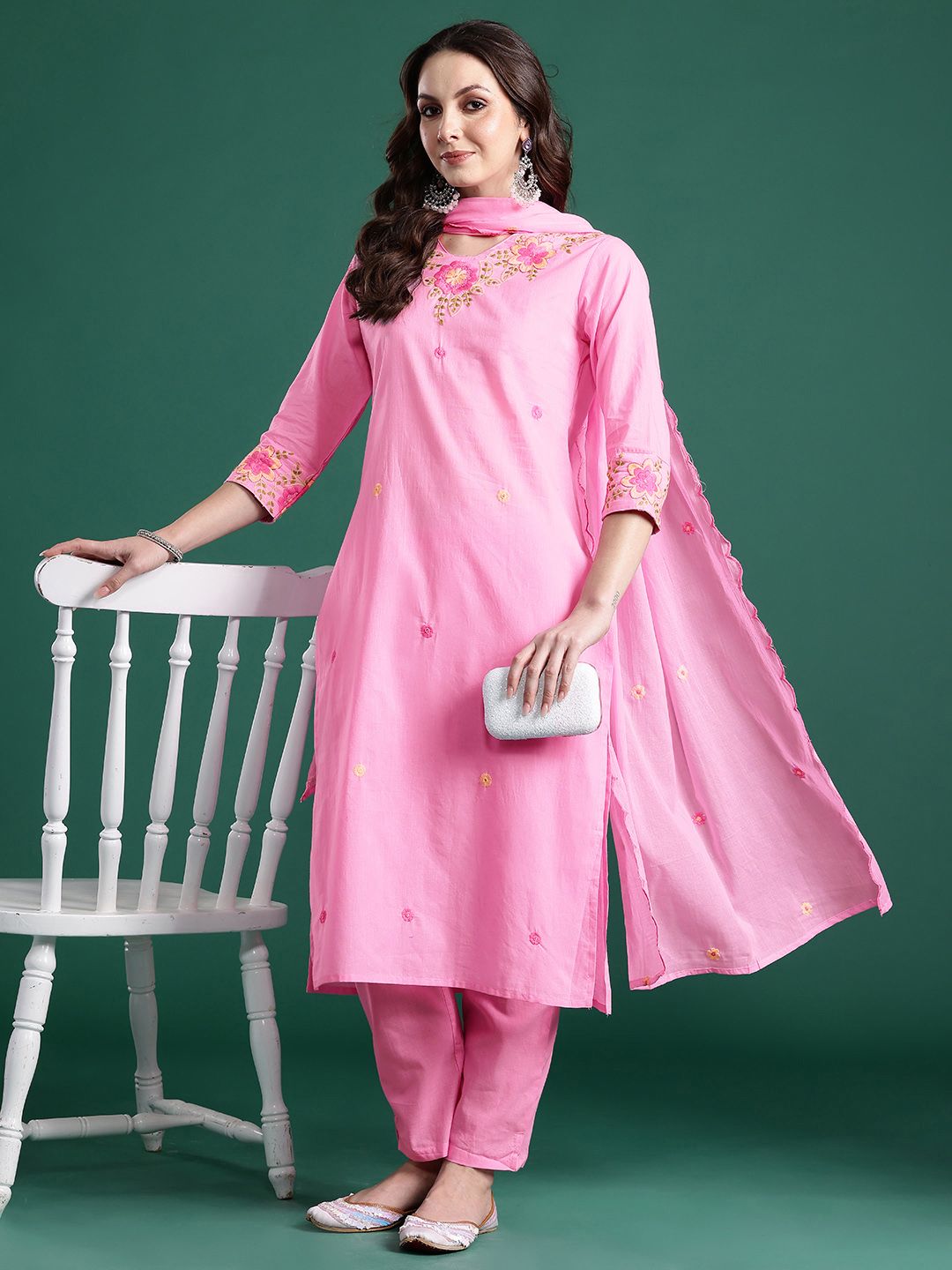 Indo Era Floral Embroidered Pure Cotton Kurta with Trousers & Dupatta