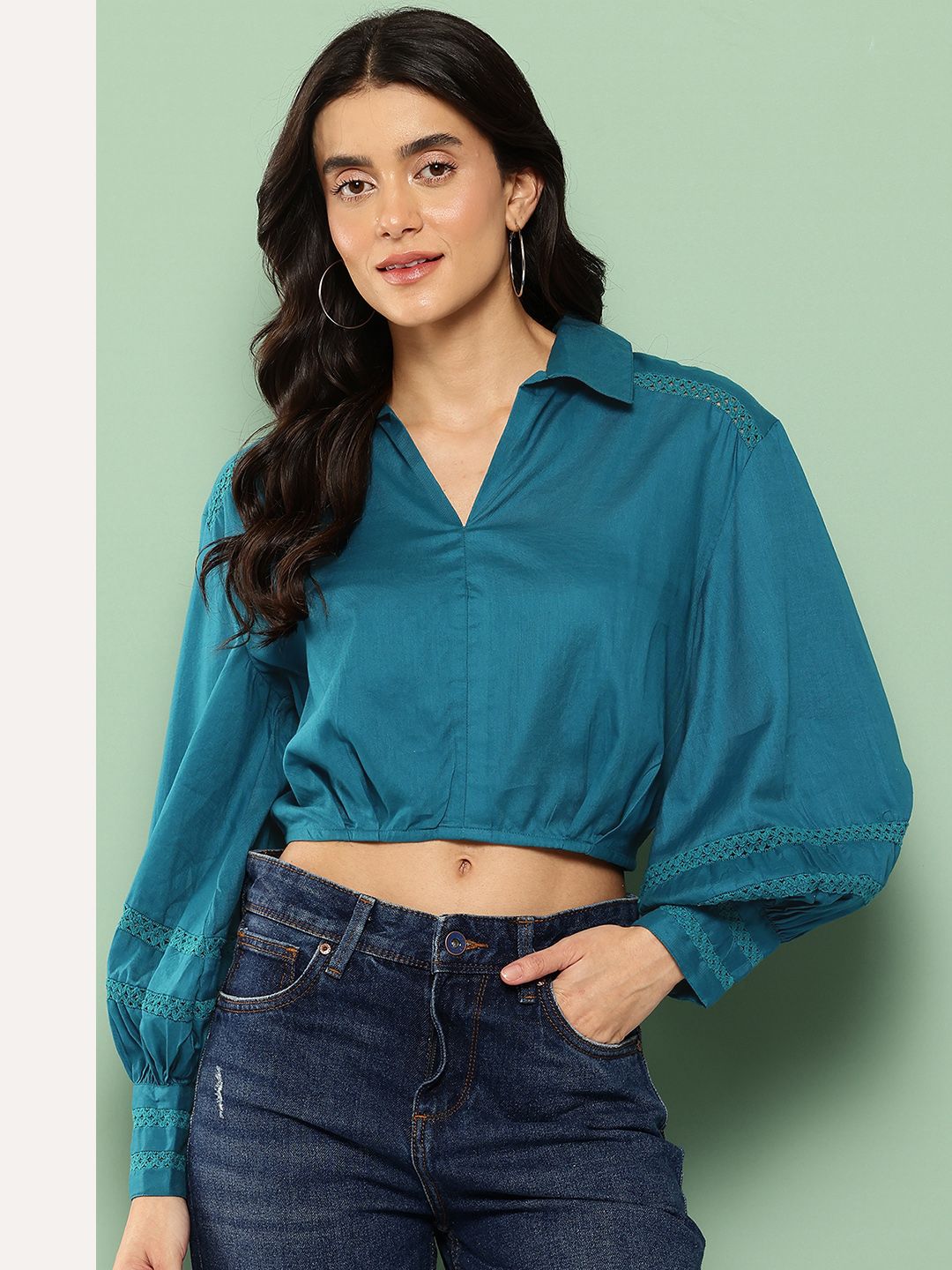 Killer Shirt Collar Lace Inserts Cuffed Sleeves Boxy Crop Top-image-48