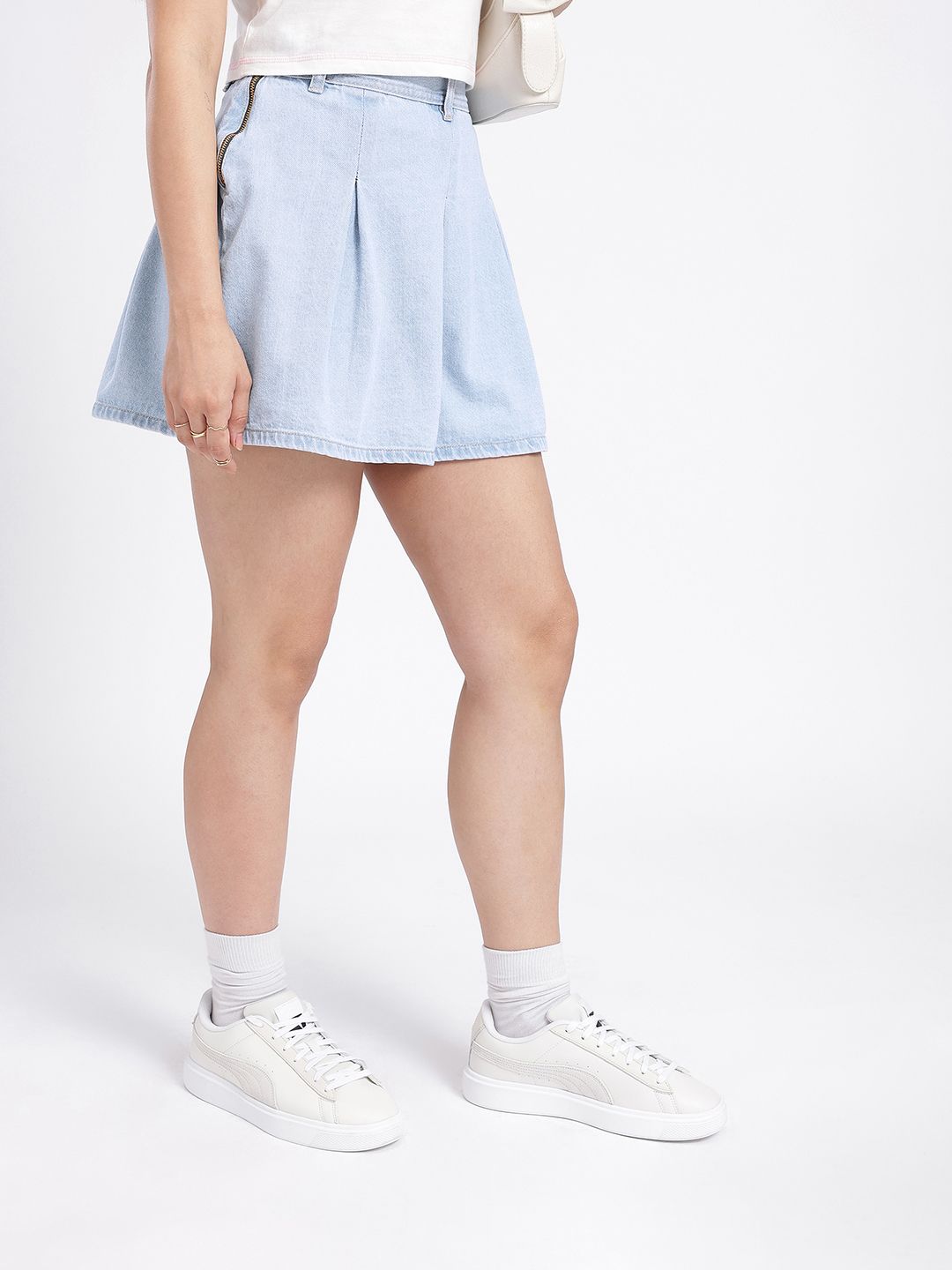 glitchez Washed Effect Mid-Rise Pleated Detail Relaxed Fit Mini Denim A-Line Skirt-picture-41