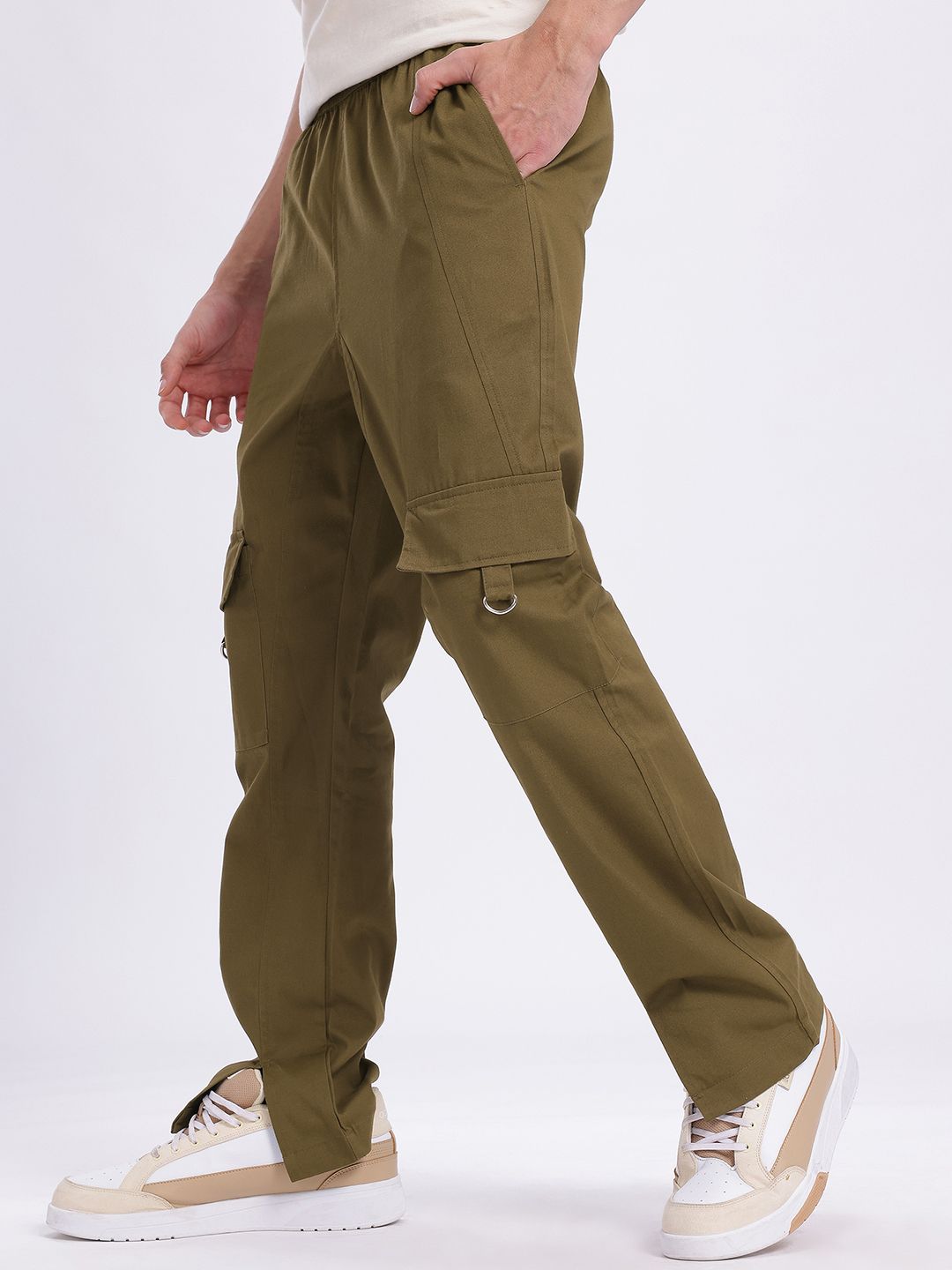 glitchez Men Mid-Rise Pure Cotton Relaxed Straight Fit Cargos with Front Slits-picture-35